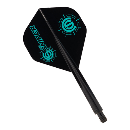 Condor AXE The Sniper Flight-System - Standard Das Bild zeigt das Produkt "Condor AXE The Sniper Flight-System - Standard". Es handelt sich um ein schwarzes Dart-Flight-System mit türkisfarbenen Logos und der Aufschrift "Sniper".