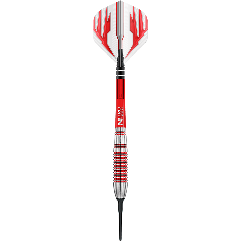 RD2137_Red_Dragon_Reflex_Softdarts_1dEfRHPaBBpnQ2 Das Bild zeigt einen Red Dragon Reflex Softdart mit einem Gewicht von 22 Gramm. Der Dart hat ein auffälliges Design in Rot, Silber und Weiß.