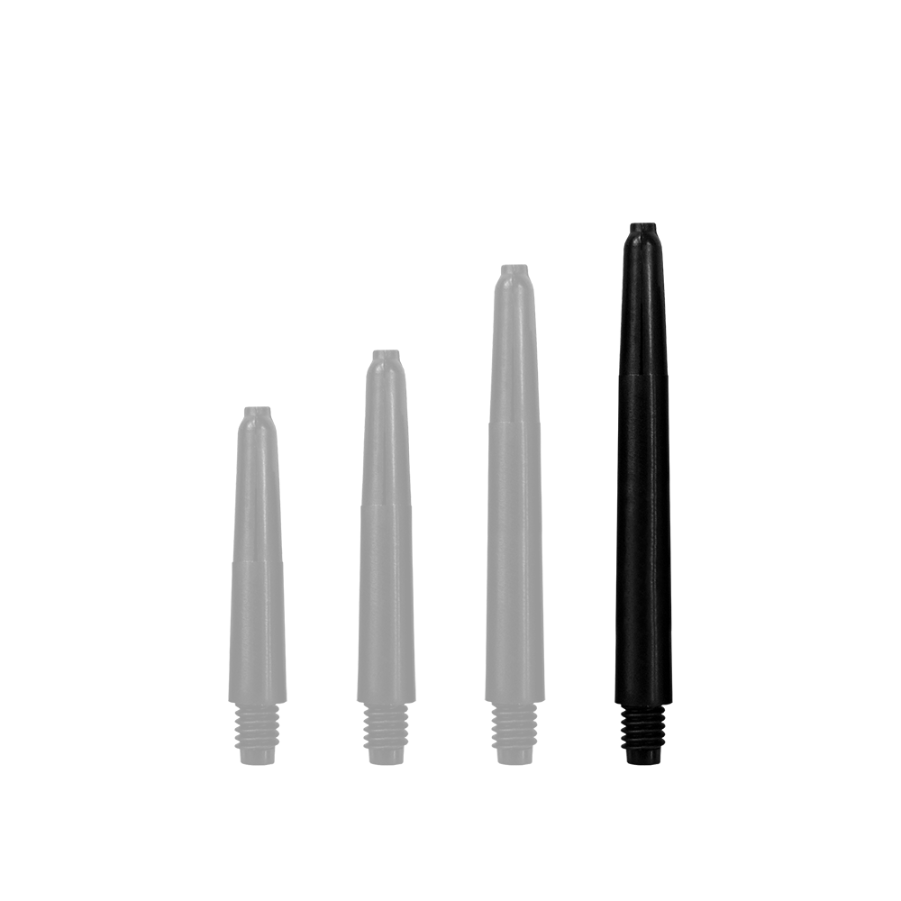 Das Bild zeigt vier schwarze Nylon-Schäfte in unterschiedlicher Länge. Sie sind nebeneinander angeordnet und werden vermutlich für Dartpfeile verwendet.