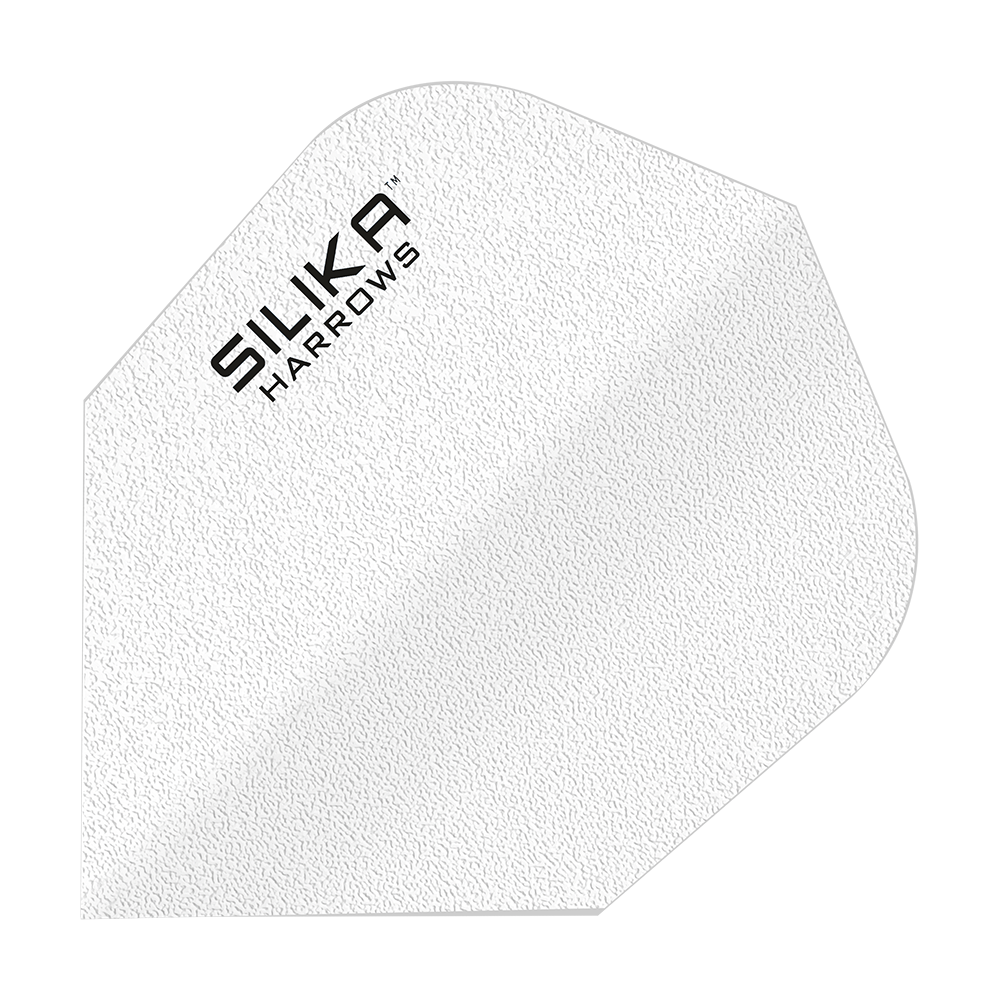 Harrows Silica Solid Tough Crystalline Coating White No6 Flights Das Bild zeigt ein weißes Dart-Flight mit der Aufschrift "SILIKA HARROWS". Es hat eine strukturierte Oberfläche und gehört zur Produktreihe "Silika Solid Tough Crystalline Coating White No6 Flights".