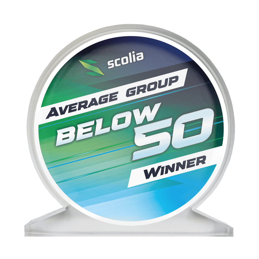 Scolia Acrylic Glass Trophy - Winner Abgebildet ist ein Acrylglas-Pokal mit der Aufschrift "SCOPO-B50 Scolia". Der Pokal ist für einen Average unter 50 bestimmt.