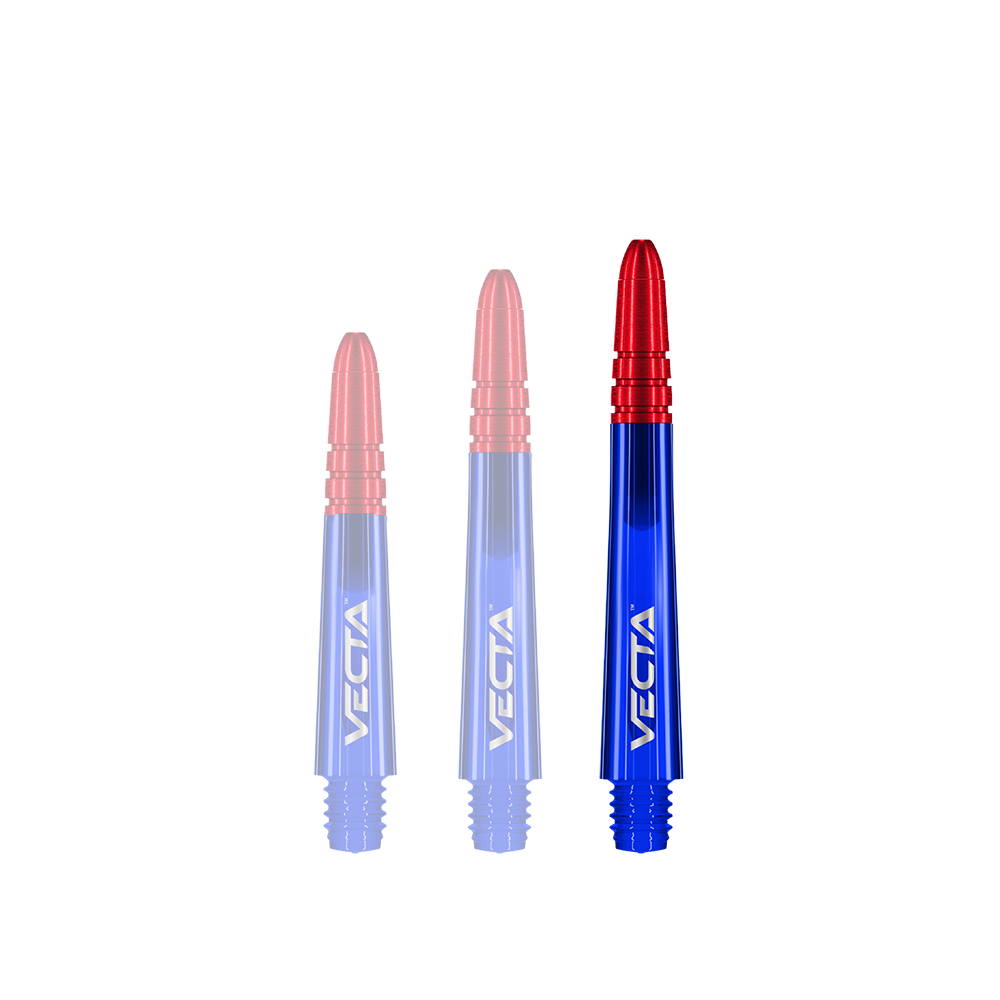 Winmau Vecta Shafts - Blue Red Das Bild zeigt drei Dartschäfte in den Farben Blau und Rot. Auf jedem Schaft steht der Schriftzug „VECTA“.