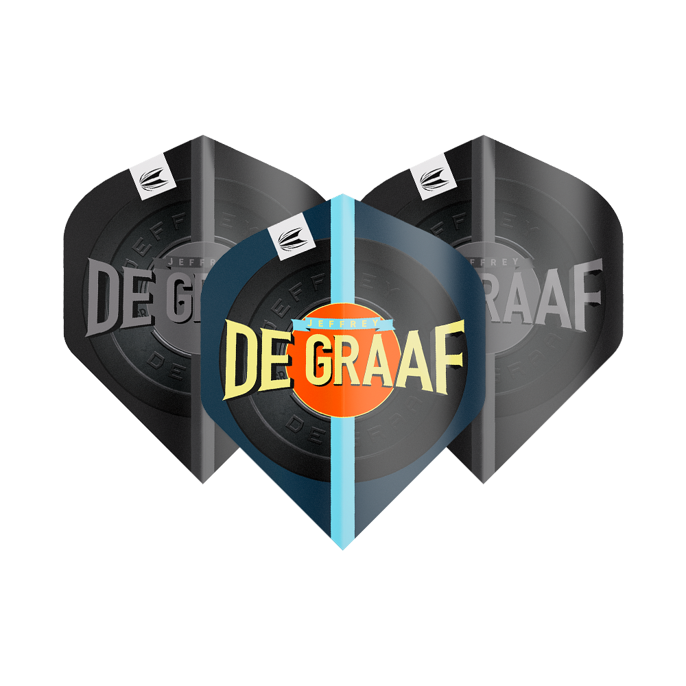 Target Pro Ultra Jeffrey De Graaf GEN1 No2 Standard Flights - 3 sets Das Bild zeigt drei Sätze Target Pro Ultra Jeffrey De Graaf GEN1 No2 Standard Flights. Auf den Flights steht groß „DE GRAAF“ und sie haben ein modernes Design in Schwarz und Blau.