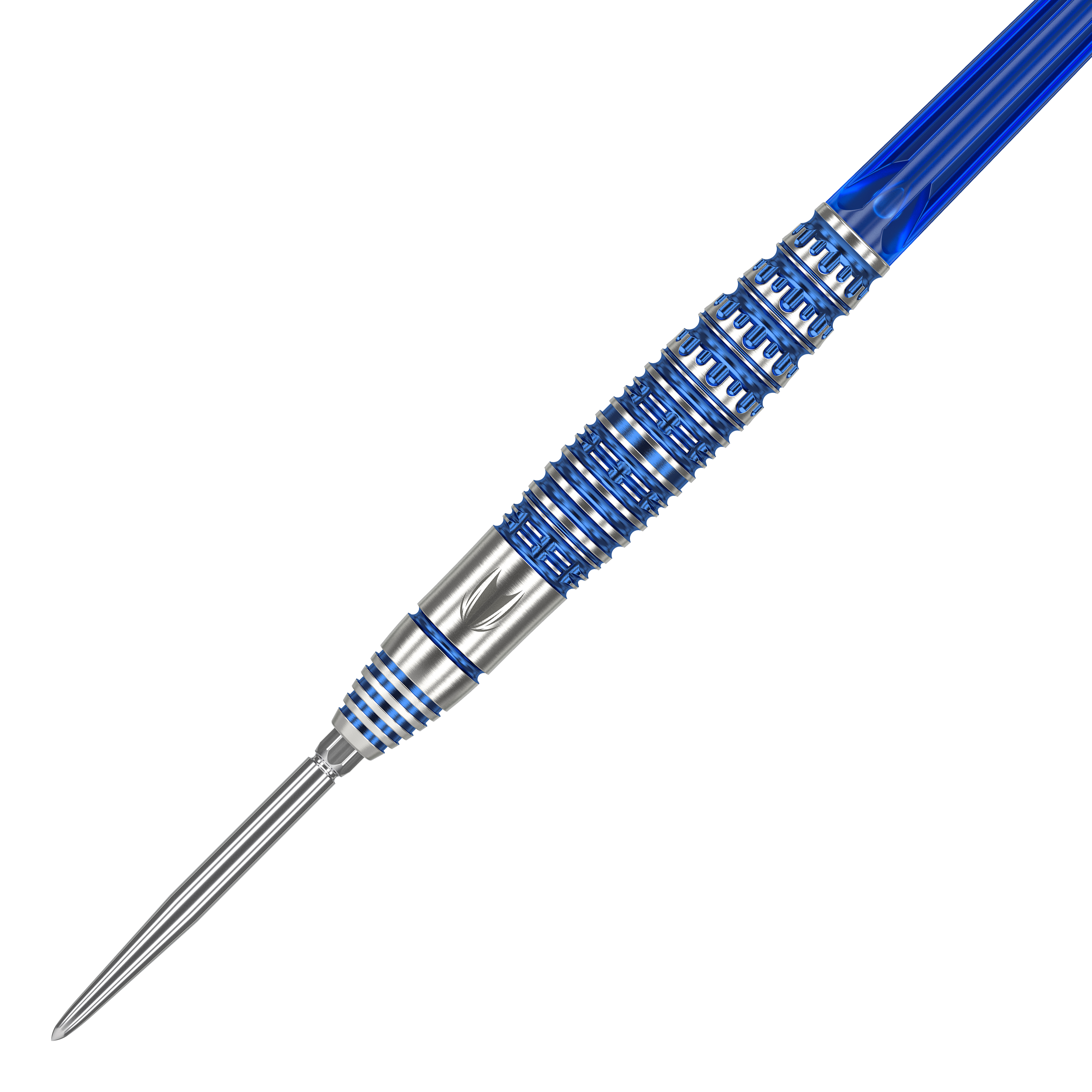 Target Japan Toru Suzuki Sereno GEN1 Swiss Point Steeldarts - 21g Das Bild zeigt einen Target Japan Toru Suzuki Sereno GEN1 Swiss Point Steeldart mit 21g Gewicht. Der Dartpfeil ist silberfarben mit blauen Akzenten und hat ein auffälliges Rillenmuster am Barrel.