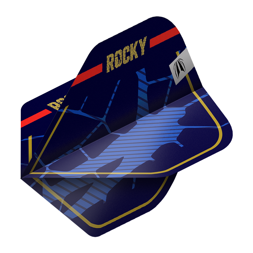 Das Bild zeigt drei Sätze der Target Pro Ultra Josh Rock GEN1 No2 Standard Flights. Die Flights sind dunkelblau mit goldener Umrandung und dem Schriftzug "ROCKY" in Gold.