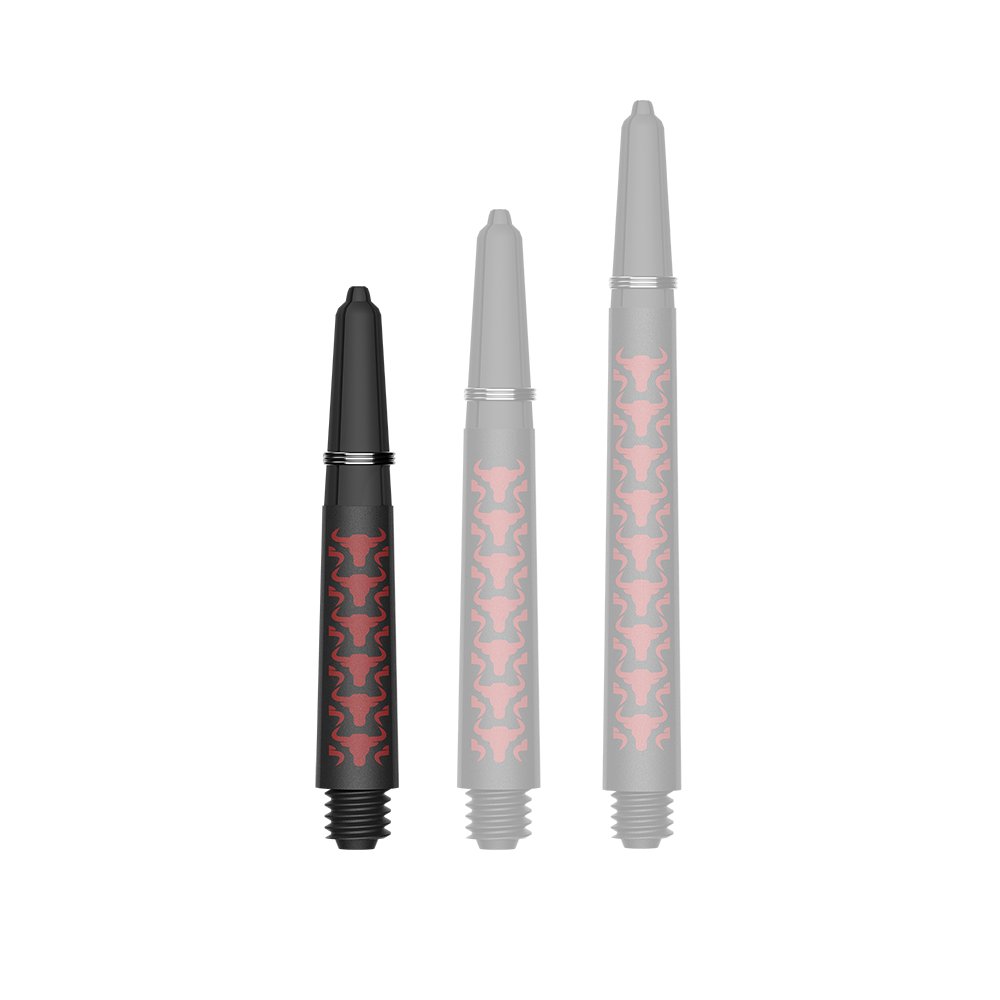 Bulls NL Capo Carbon Shafts - Red Zu sehen ist ein Dartzubehör, speziell eine Capo Carbon Shaft in Rot und kurzer Ausführung mit 34mm Länge. Das Produkt dient vermutlich als Teil eines Dartpfeils.