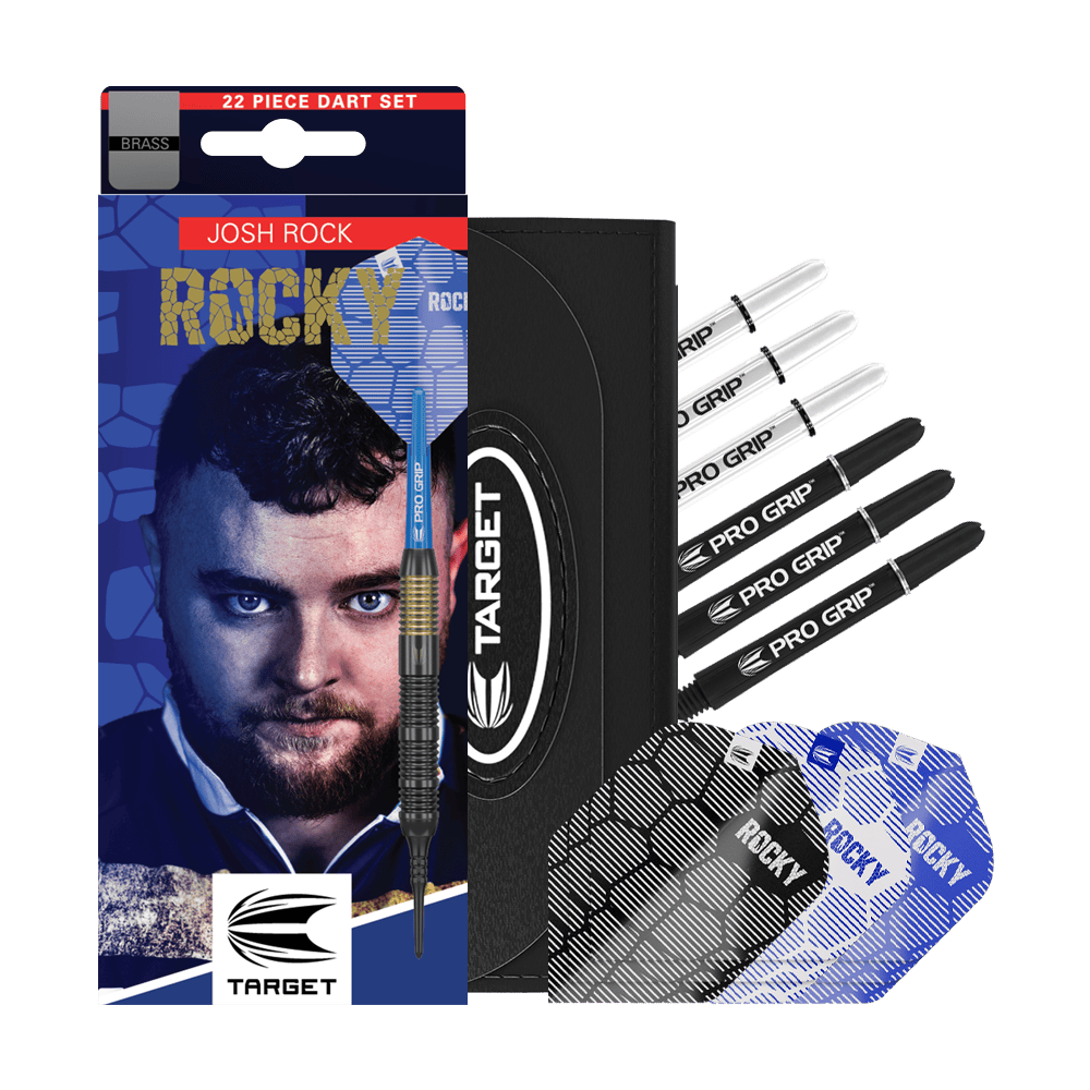 Target Josh Rock Brass Soft Darts - 18g Das Bild zeigt das Produkt "Target Josh Rock Brass Softdarts - 18g" mit Zubehör wie Flights und Shafts. Auf der Verpackung ist ein Porträt sowie der Name des Spielers Josh Rock zu sehen.