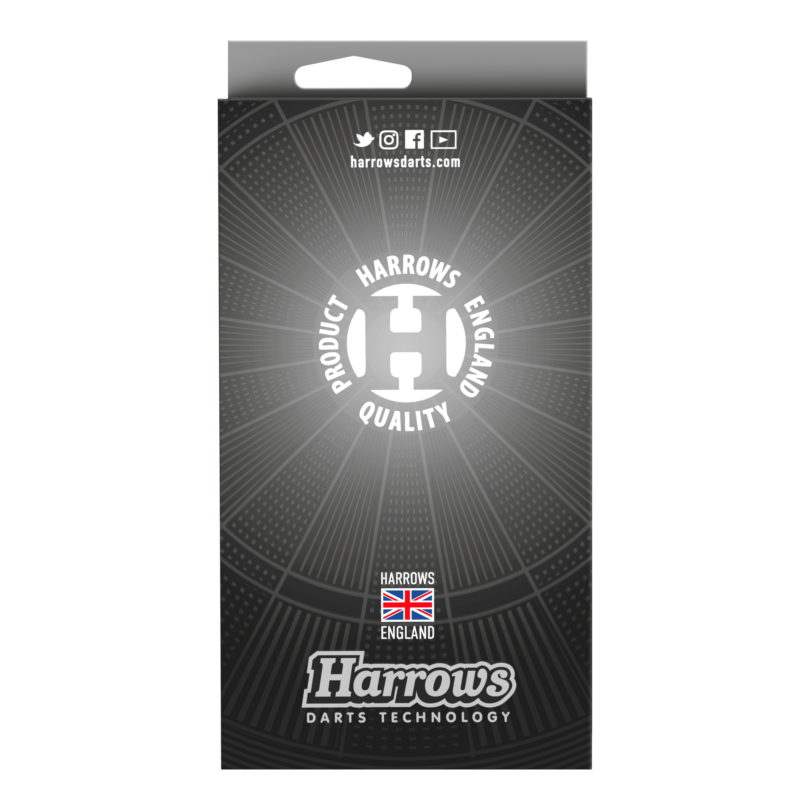 Harrows Siege Softdarts Die Verpackung zeigt das Produkt "Harrows Siege Softdarts". Auf der Vorderseite sind das Harrows-Logo und ein Qualitätssiegel aus England abgebildet.