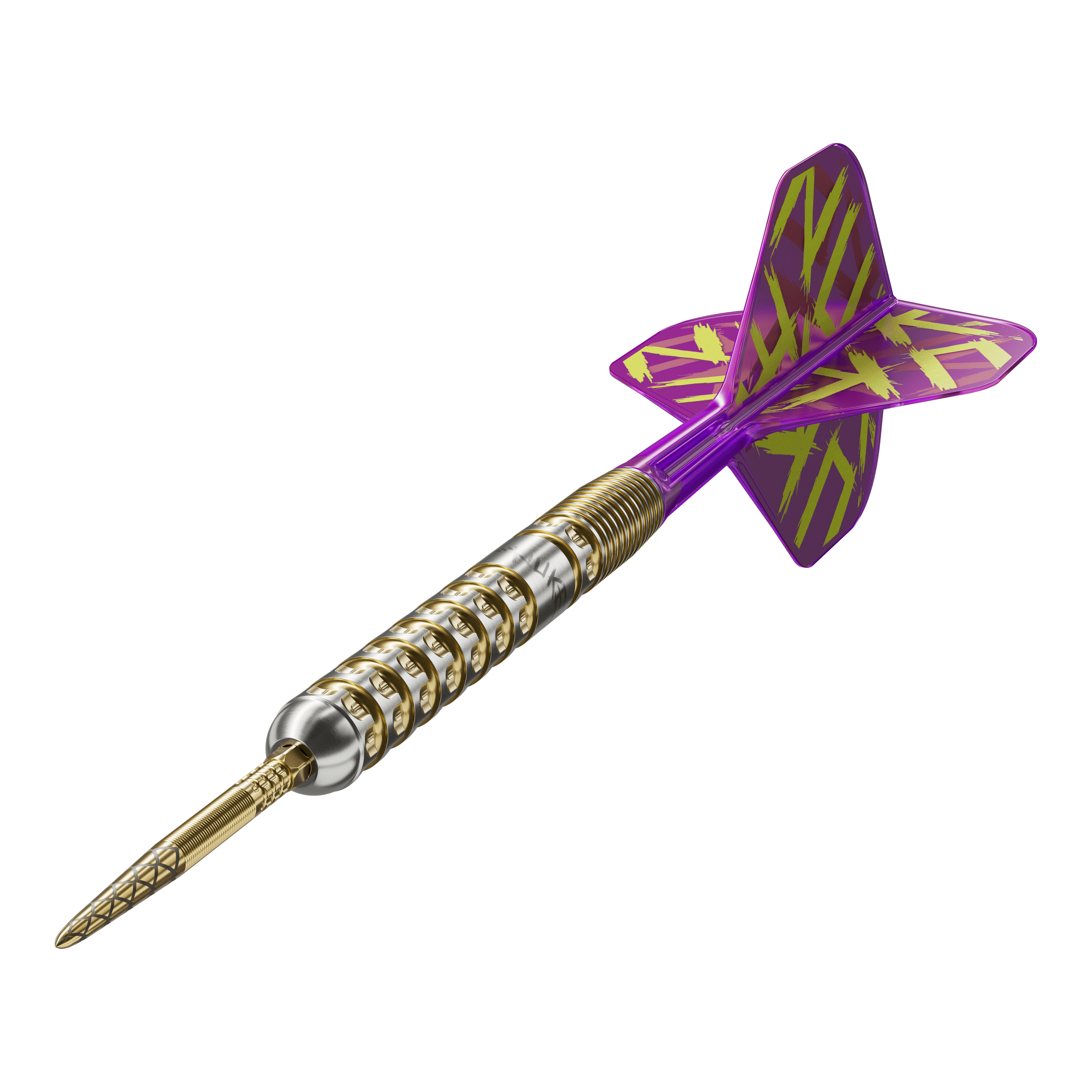 Target Luke Littler GEN1 Prodigy Swiss Point Steel Darts Das Bild zeigt einen Target Luke Littler GEN1 Prodigy Swiss Point Steeldart. Der Dart hat einen gold-silbernen Schaft und lila Flights mit gelbem Muster.