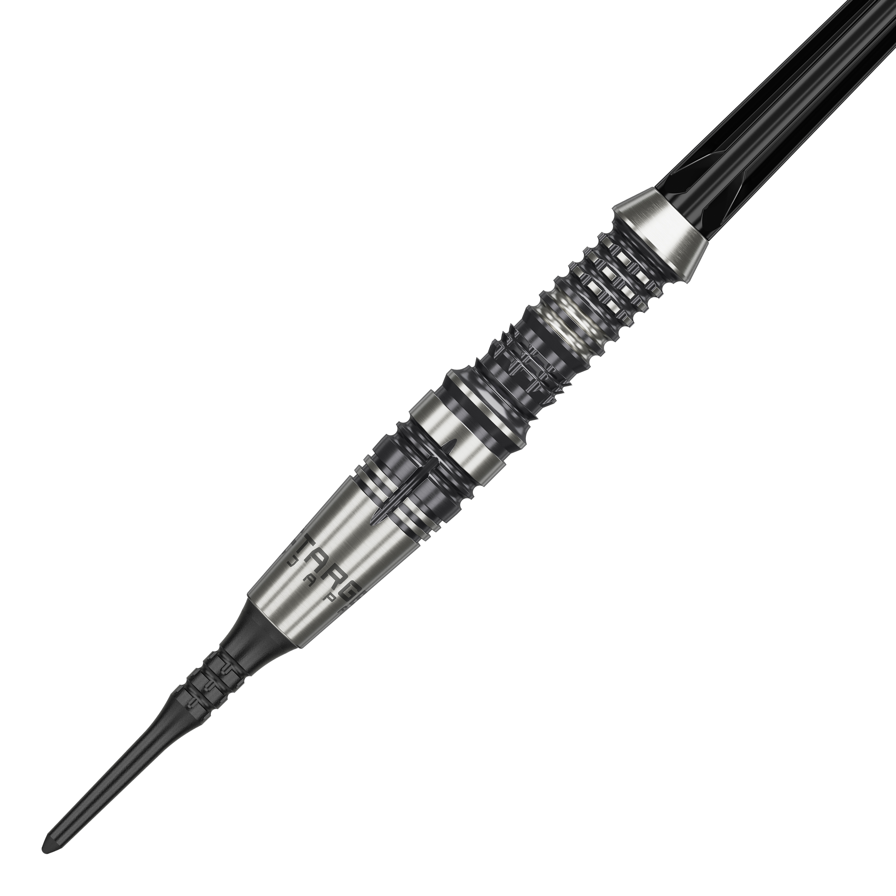 Target Japan Black Marque Heracles Soft Darts - 18g Das Bild zeigt einen Target Japan Black Marque Heracles Softdart mit einem Gewicht von 18g. Der Dartpfeil hat ein silbernes, fein geriffeltes Barrel und eine schwarze Spitze.