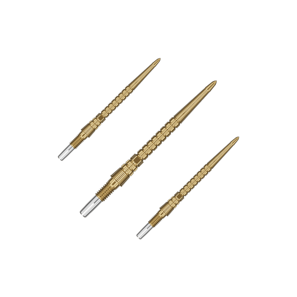 Target Chrono Swiss Storm Point Dart Tips - Gold Das Set enthält mehrere goldene Dartspitzen. Sie sind gleichmäßig aufgefächert.