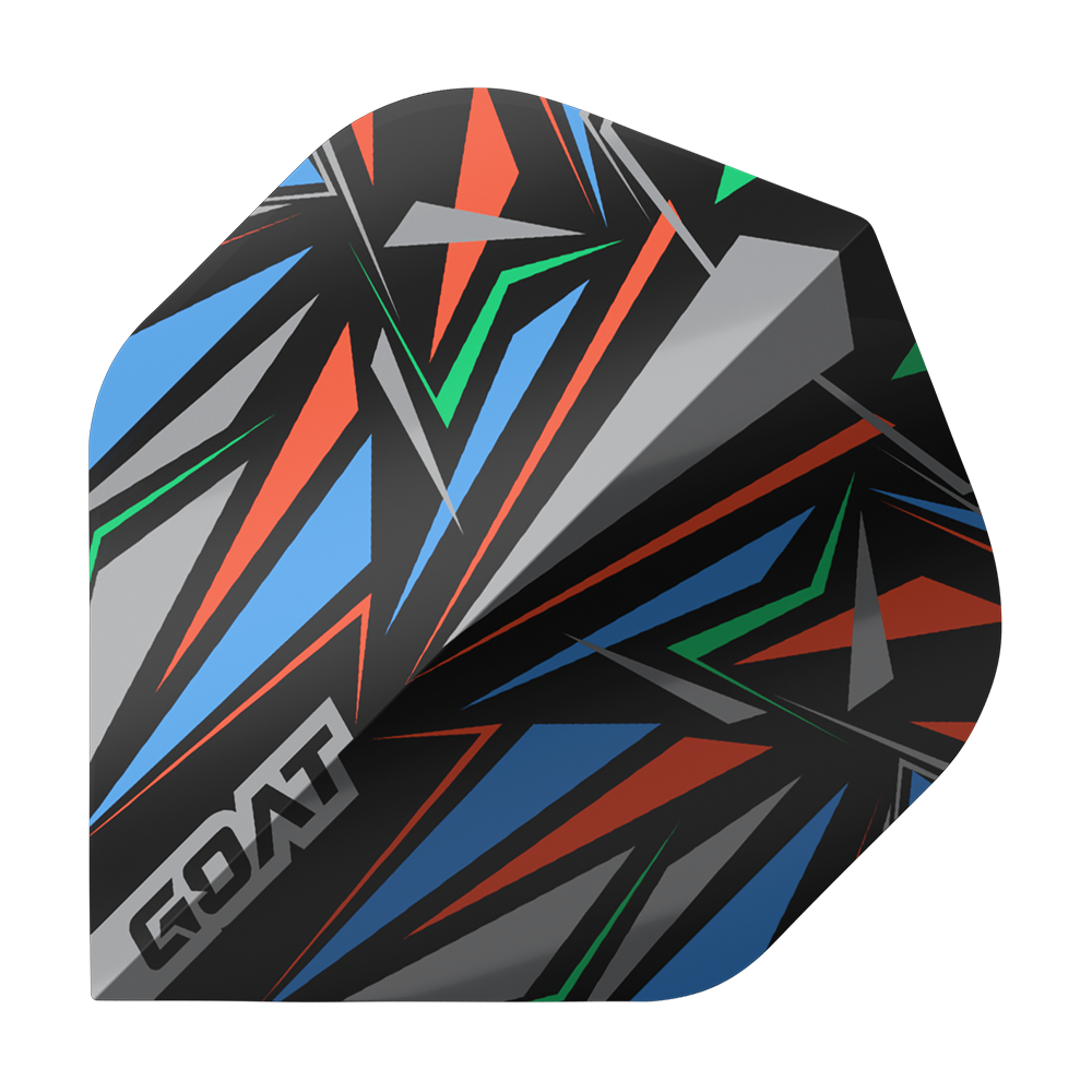 GOAT Athlete Black No2 Standard Flights Das Bild zeigt das Produkt "GOAT Athlete Black No2 Standard Flights". Es hat ein auffälliges, geometrisches Muster in Schwarz mit blauen, roten, grünen und grauen Akzenten.