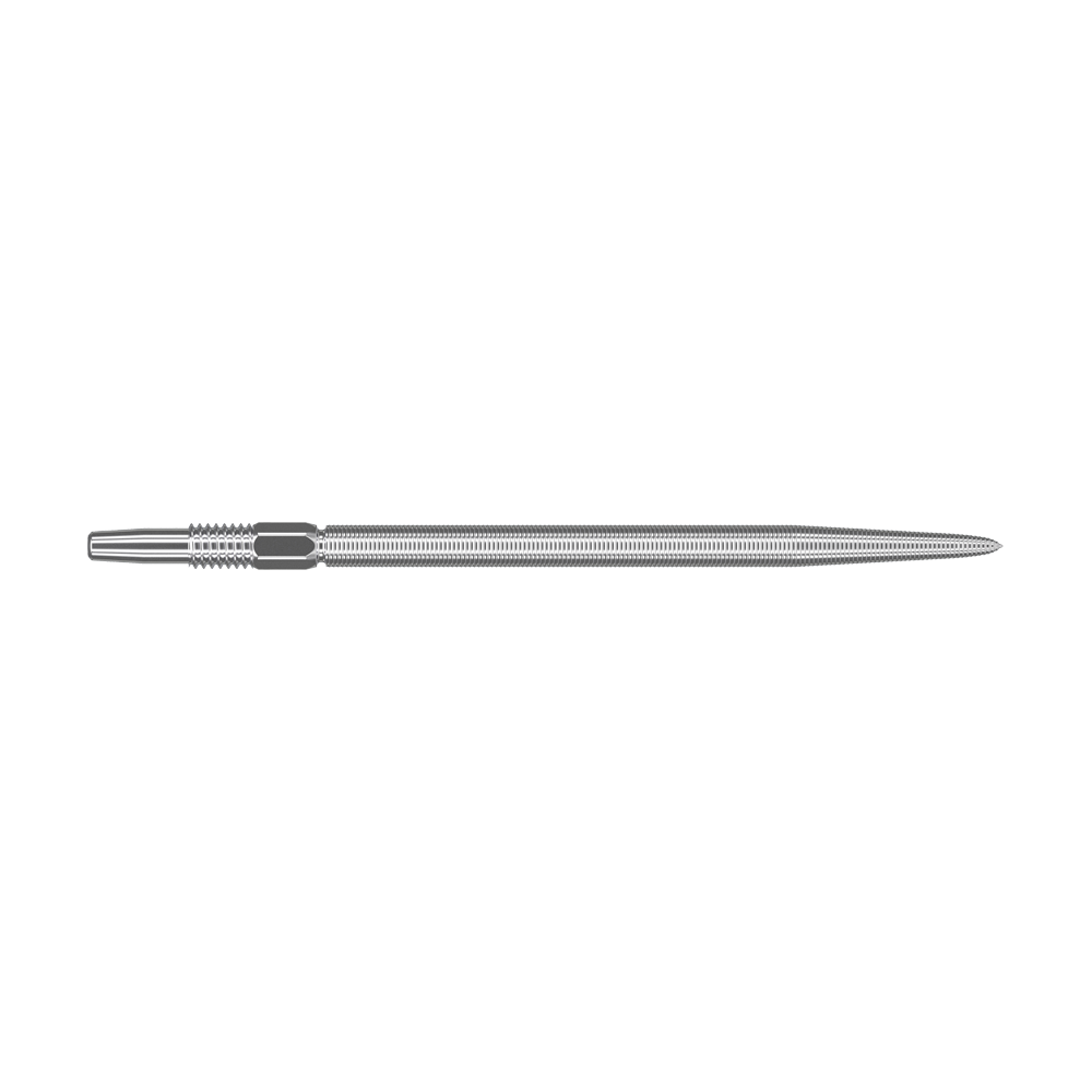 Target Swiss Point Nano Dart Tips - Silver Das Bild zeigt eine silberne Dartspitze mit feiner Riffelung. Sie ist lang und schlank gestaltet und besitzt präzise eingearbeitete Details.