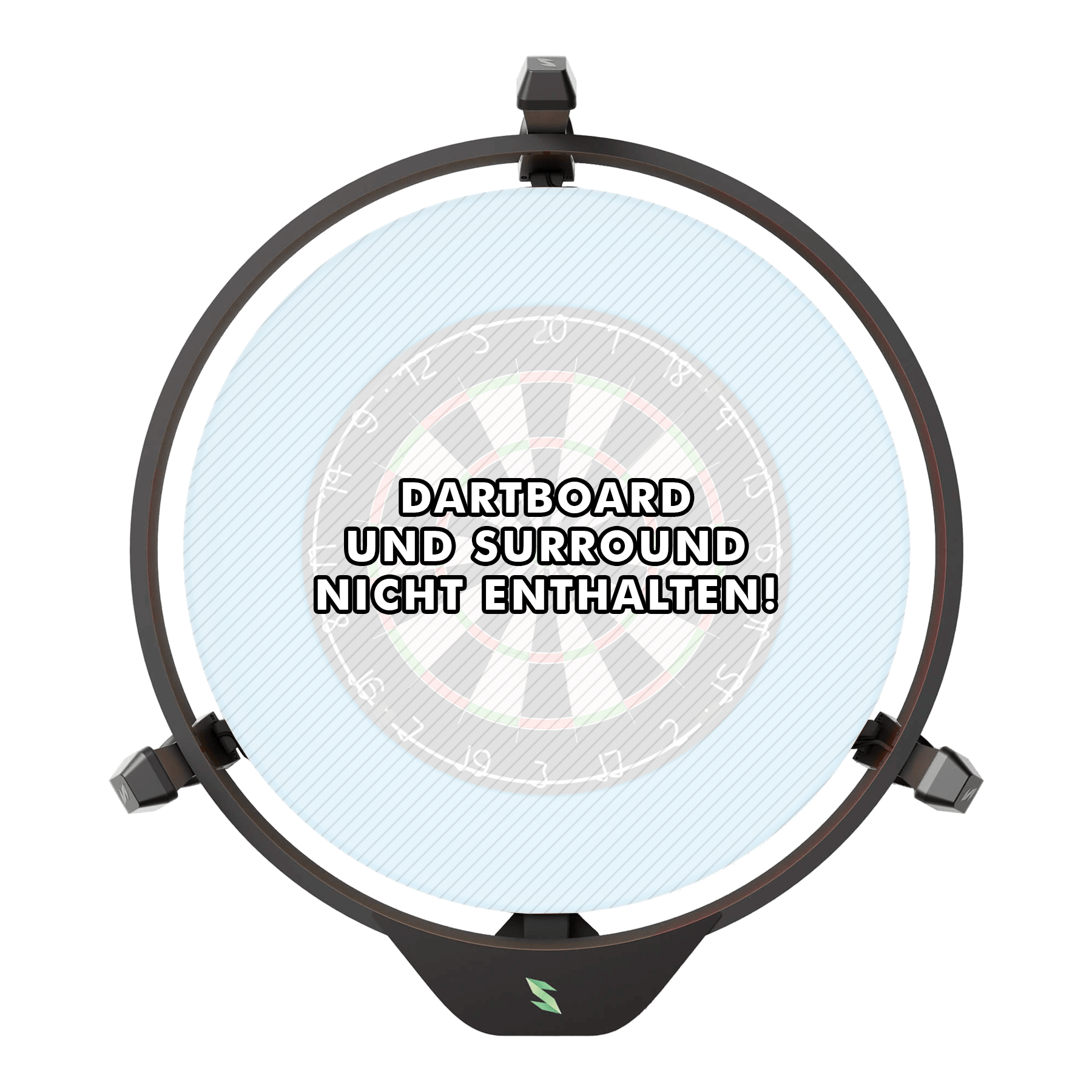 Das Bild zeigt das Produkt "Scolia Home 2 FLEX - Electronic Score System mit Beleuchtungsring". In der Mitte steht der Hinweis: "Dartboard und Surround nicht enthalten!"