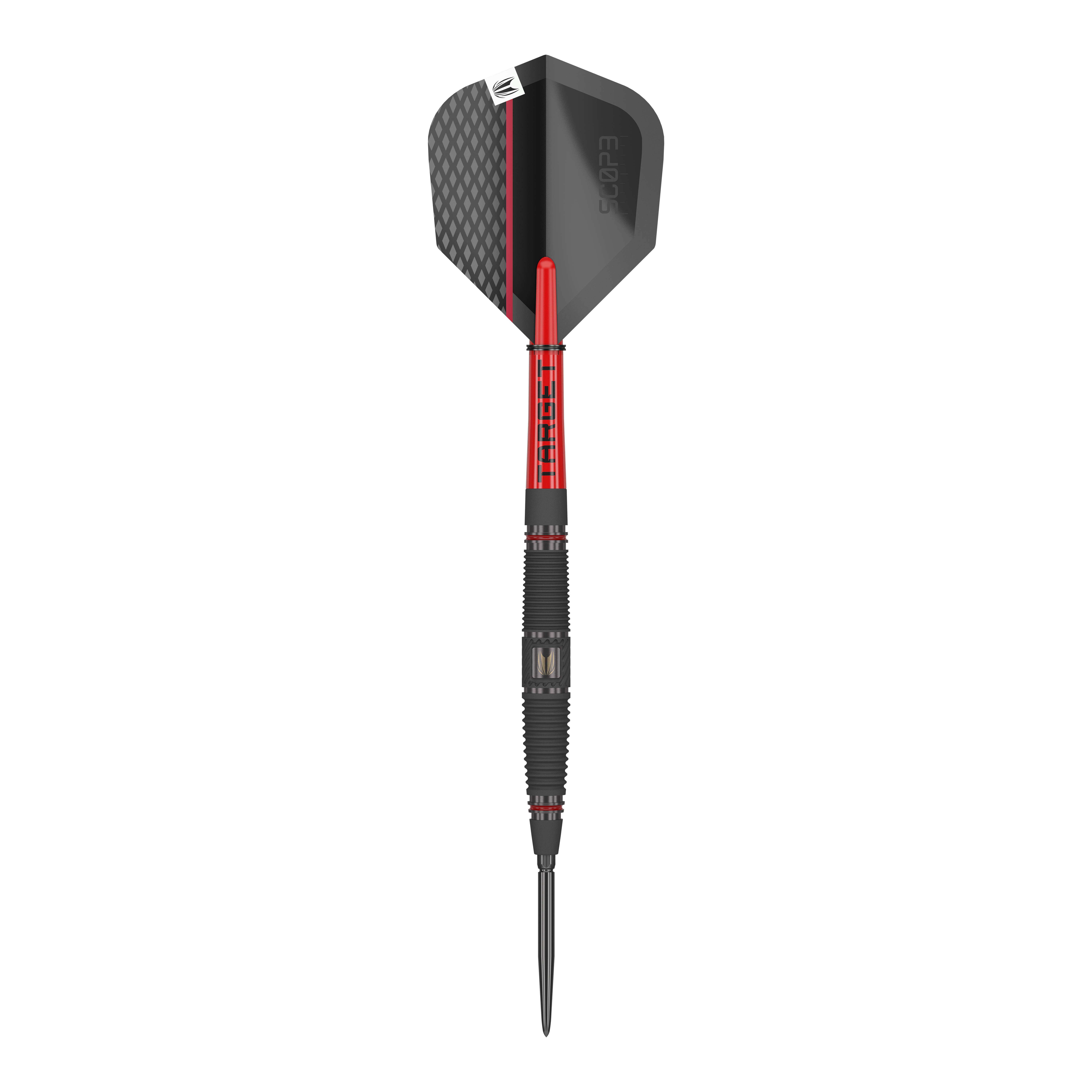 Target Scope 04 Swiss Point steel darts Dies ist der Target Scope 04 Swiss Point Steeldart. Er hat ein modernes Design mit schwarzen und roten Akzenten.