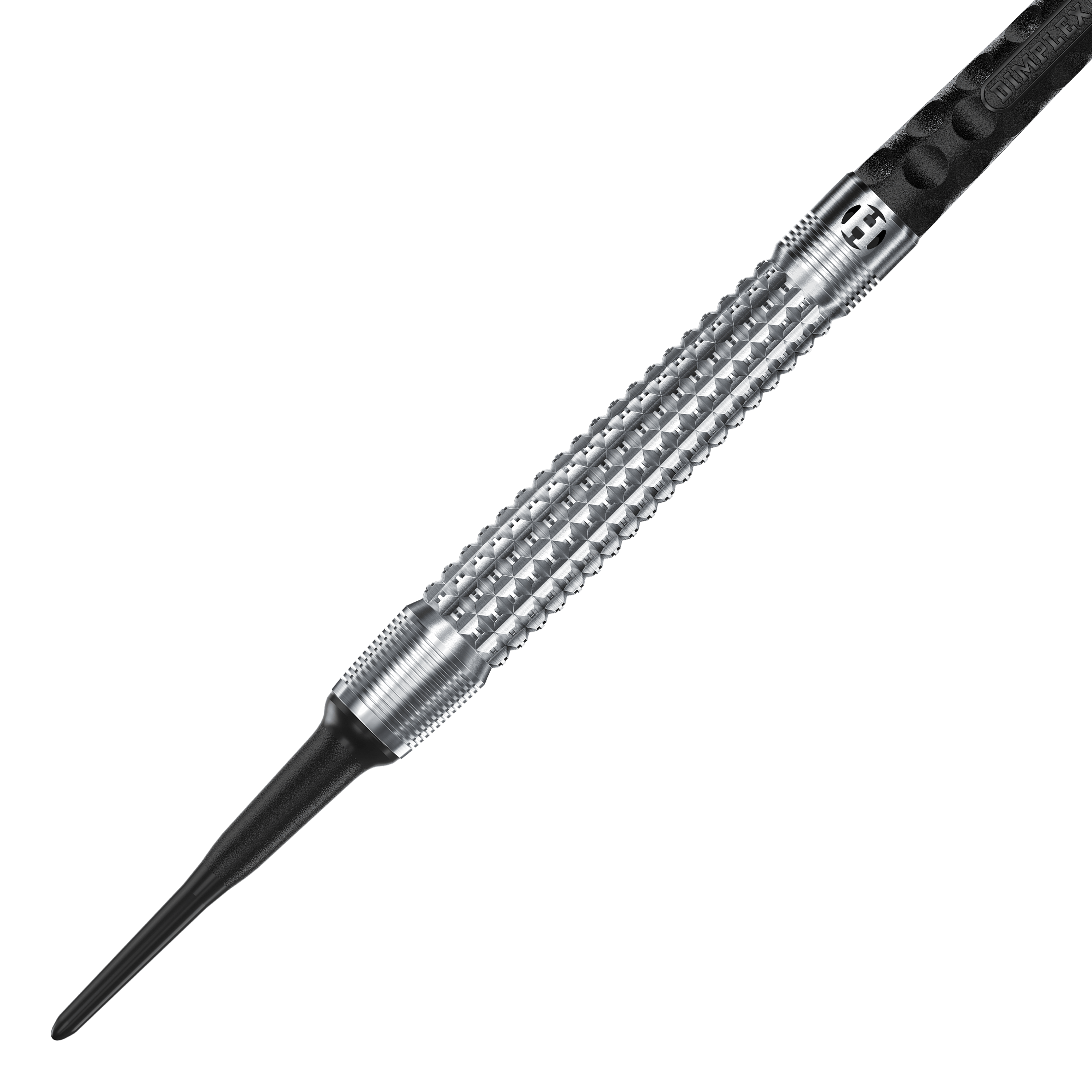 Harrows Dimplex S3 Tapered Soft Darts Das Bild zeigt einen Harrows Dimplex S3 Tapered Softdart. Der Dartpfeil hat eine silberne, geriffelte Metallspitze und einen schwarzen Schaft.