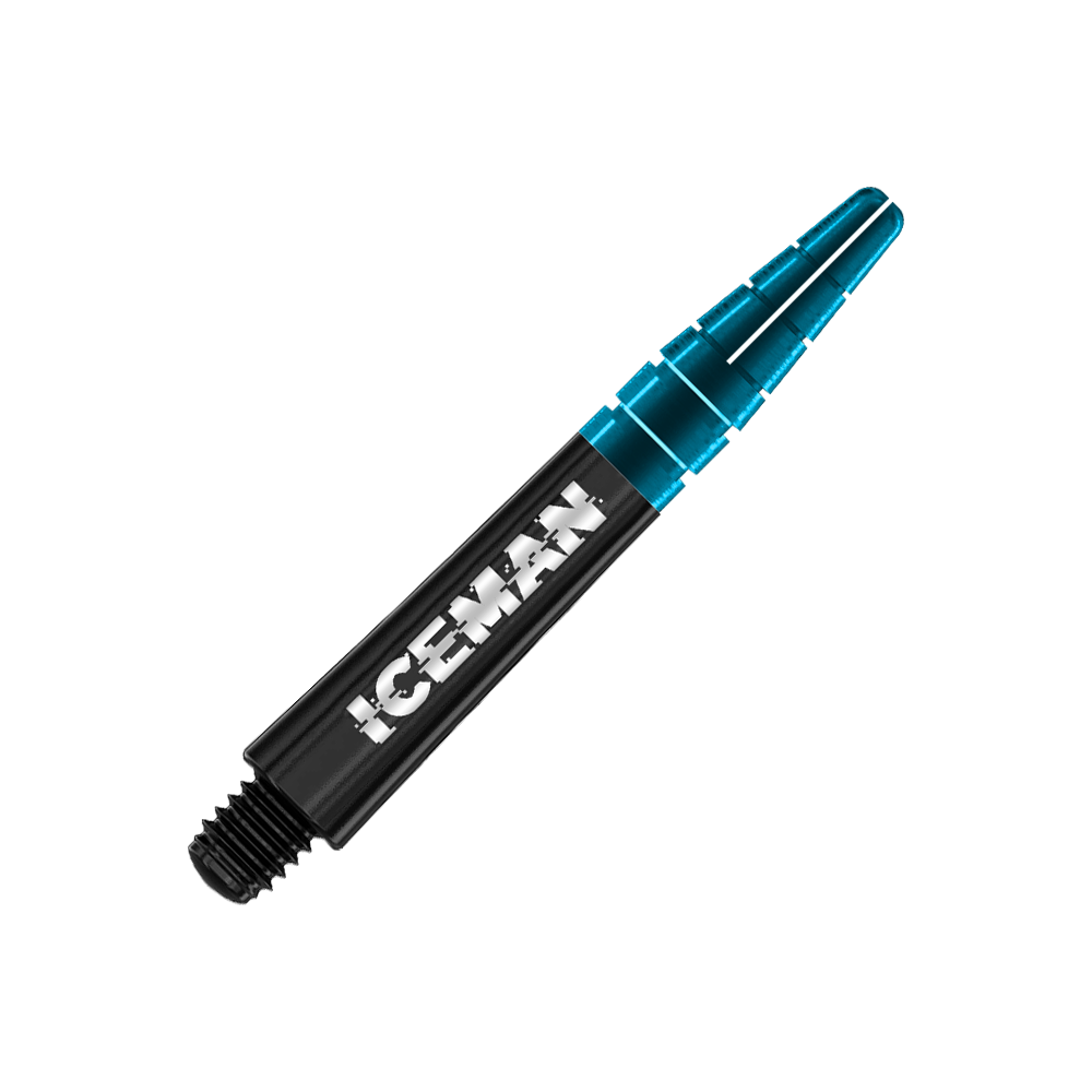 Das Bild zeigt den Red Dragon Nitrotech Gerwyn Price Black Shaft. Der Schaft ist schwarz mit der Aufschrift "ICEMAN" und hat ein blaues, durchsichtiges Ende.