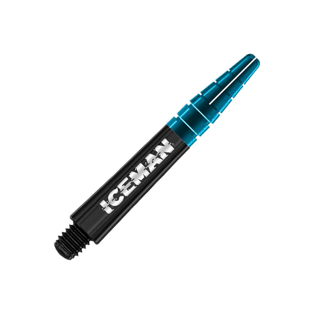 C636_Red_Dragon_Nitrotech_Gerwyn_Price_Shafts_Black_36mm_2dcLzGq1val0Qn Das Bild zeigt den Red Dragon Nitrotech Gerwyn Price Black Shaft. Der Schaft ist schwarz mit der Aufschrift "ICEMAN" und hat ein blaues, durchsichtiges Ende.