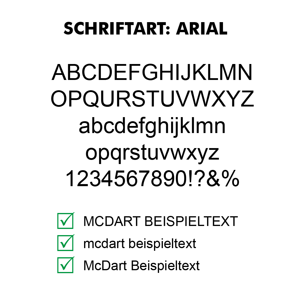 Flightdruck_Schriftart_Arial Das Bild zeigt den Schriftzug „Sicher drucken mit Arial“ und darunter einen Textblock über die Vorteile der Arial-Schriftart. Am unteren Rand sind drei grüne Häkchen mit den Stichpunkten „einfach“, „lesbar“ und „gut verfügbar“.