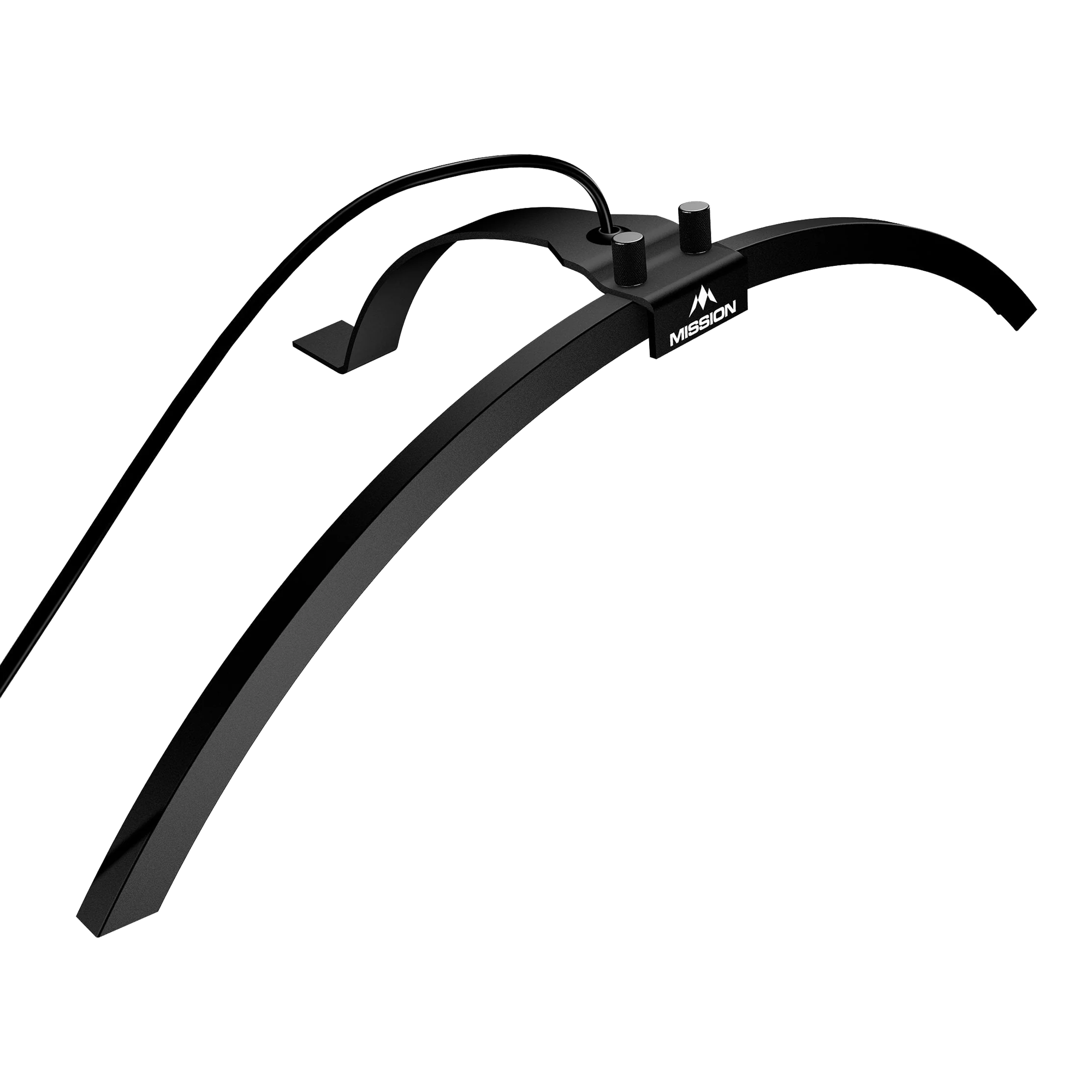 Mission Torus 100 Foldable LED Dartboard Lighting Das Bild zeigt die faltbare LED Dartboard-Beleuchtung Mission Torus 100. Die Beleuchtung ist schwarz und hat einen gebogenen Rahmen mit einem Kabelanschluss.