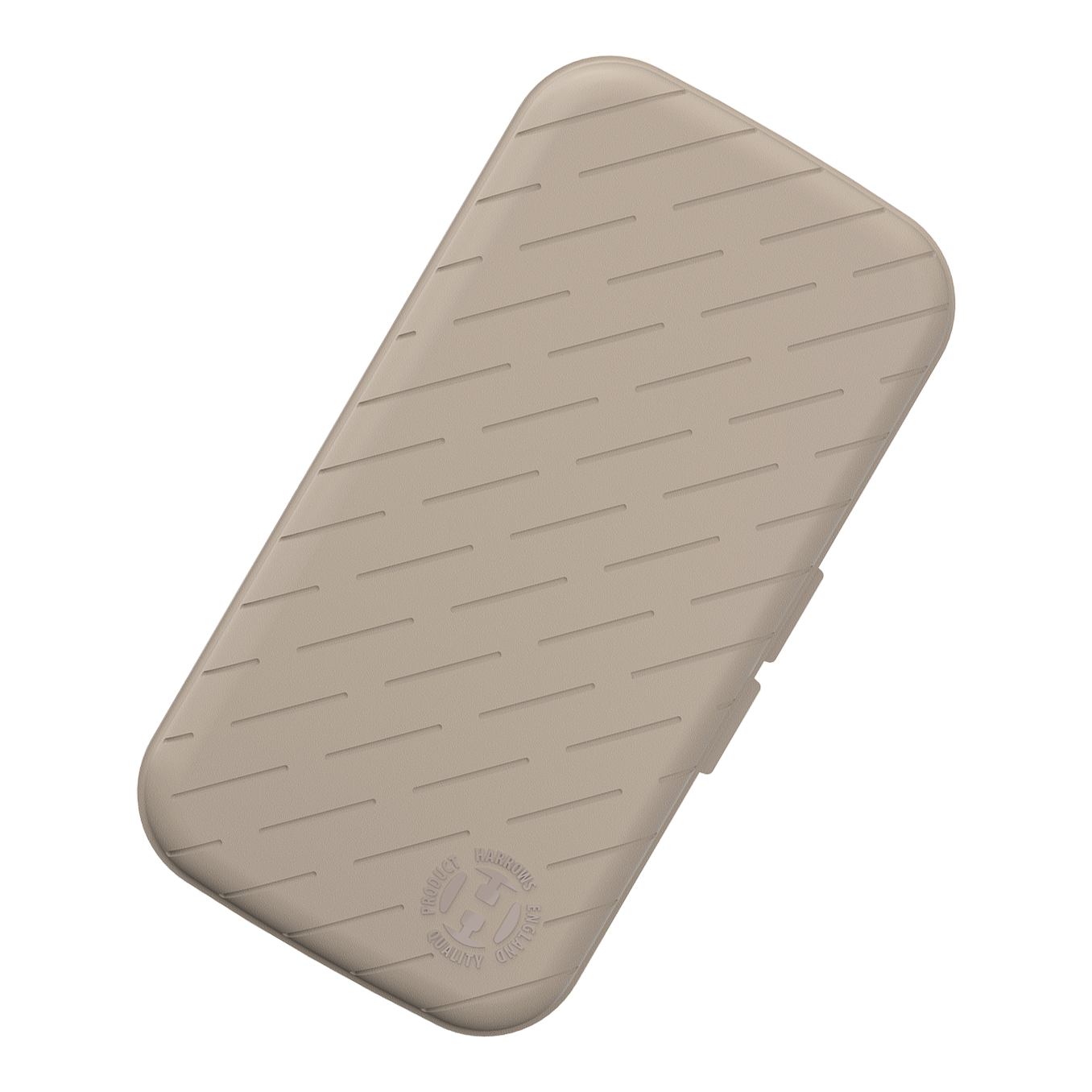 Die Abbildung zeigt ein schlankes Dart-Etui in steingrauer Farbe. Die Oberfläche ist mit schrägen Linien und einem geprägten Logo verziert.