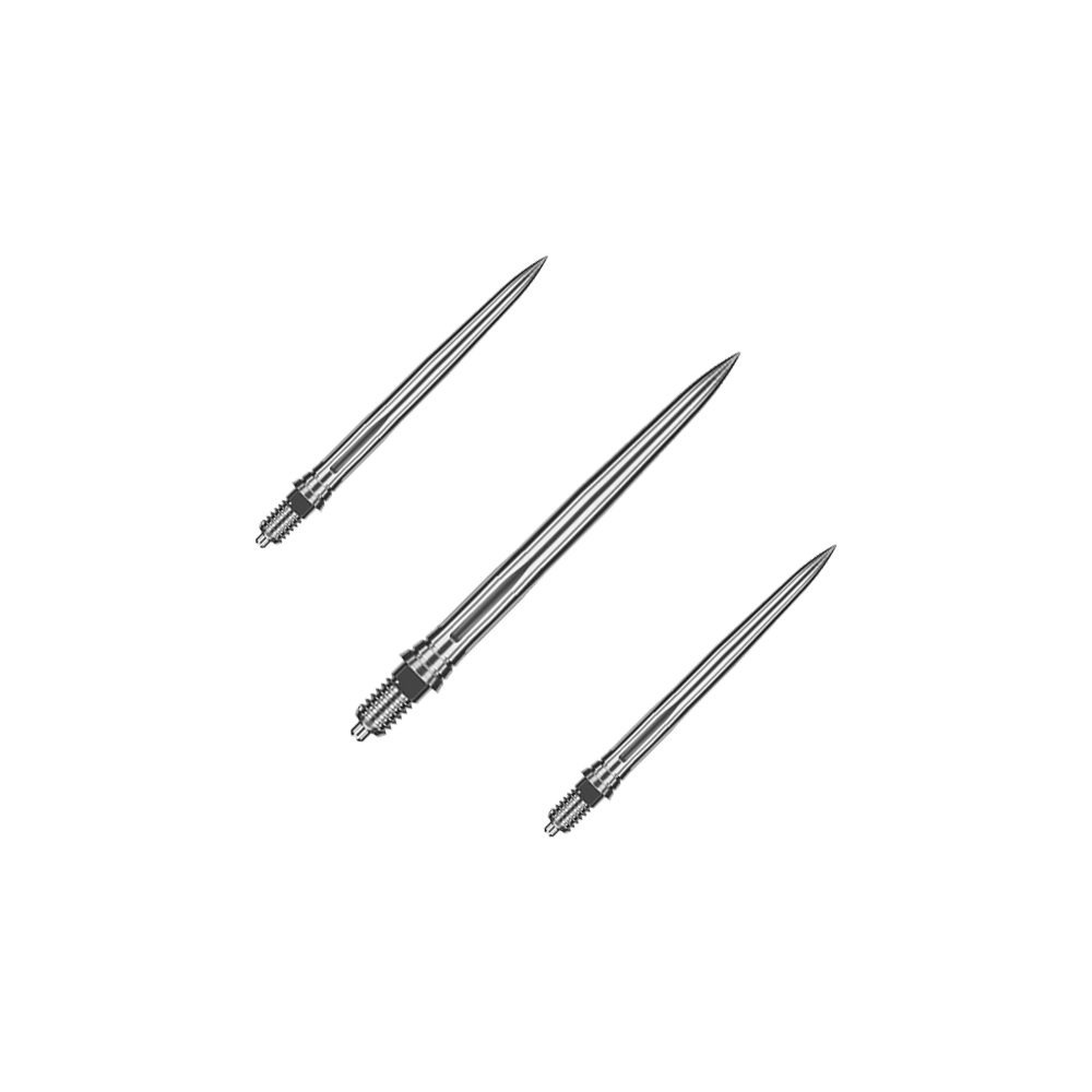 Caliburn EZ-EVO dart tips - Smooth - Silver Das Bild zeigt ein Set aus glatten silbernen Dartspitzen. Die Spitzen sind ordentlich nebeneinander angeordnet.