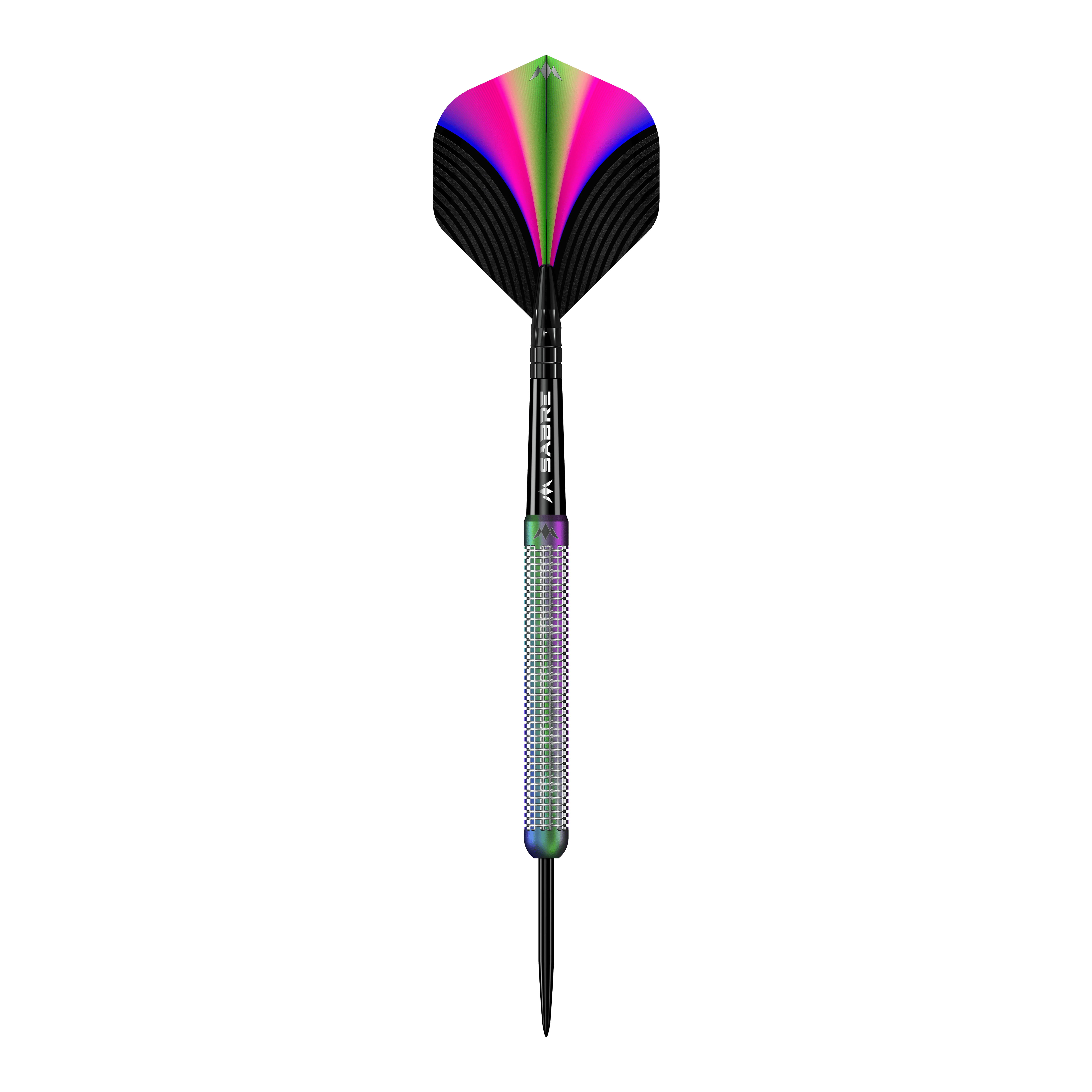 Das Bild zeigt den Mission Aurora Coral PVD Steeldart mit einem Gewicht von 23g. Der Dartpfeil hat bunte, schillernde Farben und ein modernes Design.