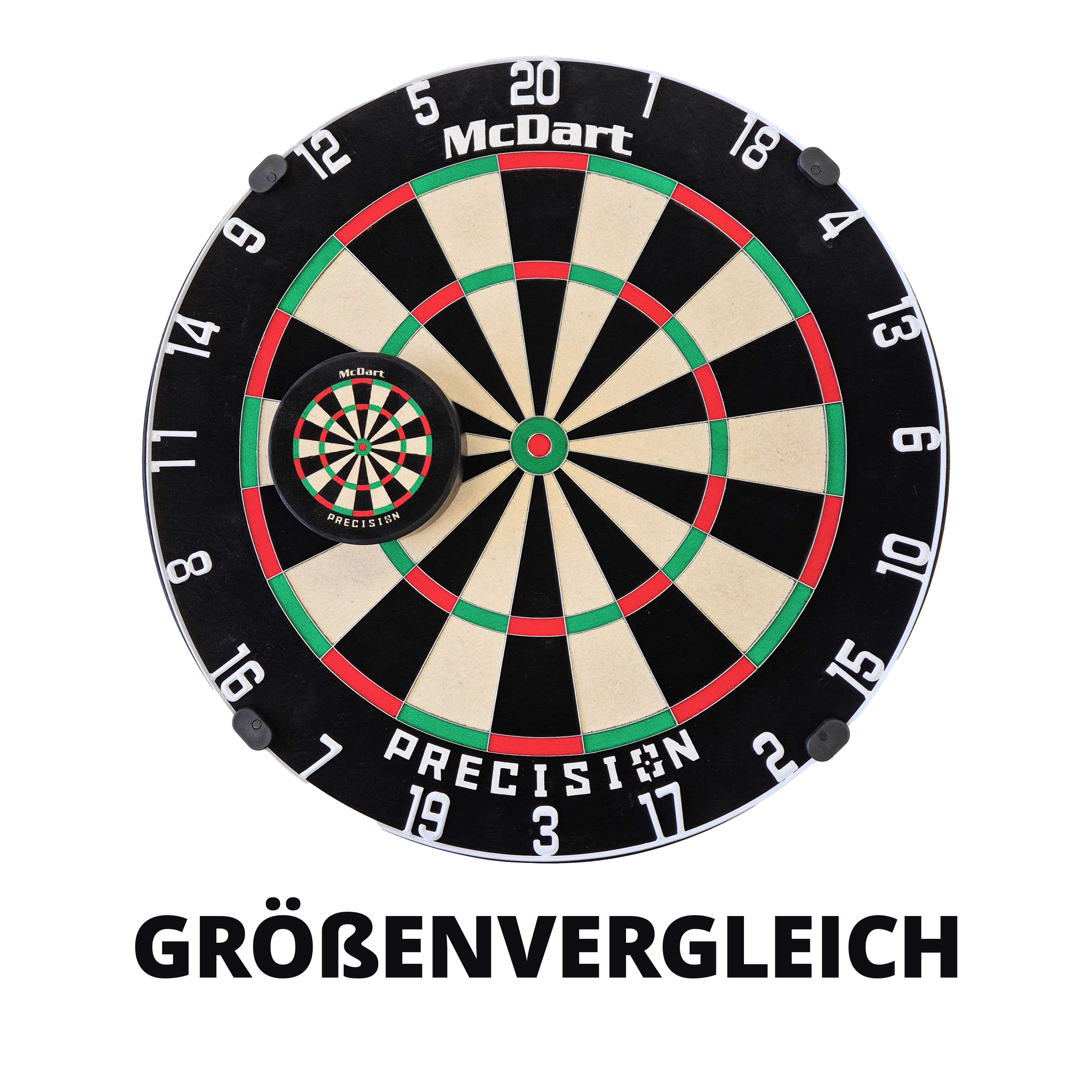 Abgebildet ist das McDart Precision Mini Dartboard mit individuellem Wunschtext. Es ist eine kleine, präzise Dartscheibe mit Halterung.