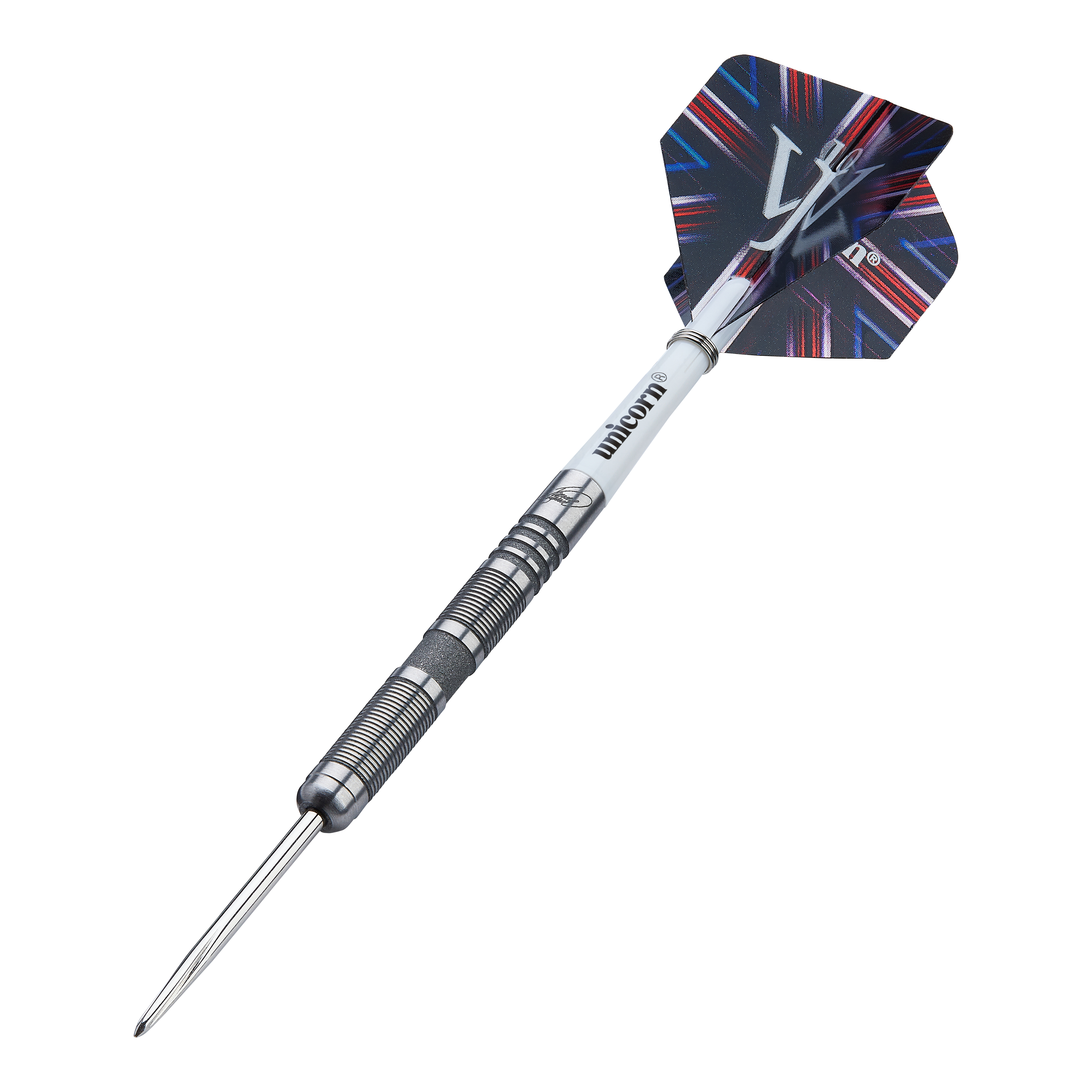 Auf dem Bild ist ein Steeldart der Marke Unicorn aus der James Wade The Machine Range Phase 4 zu sehen. Der Dart hat ein silbernes, geriffeltes Barrel und einen schwarz-blauen Flight mit auffälligem Muster.