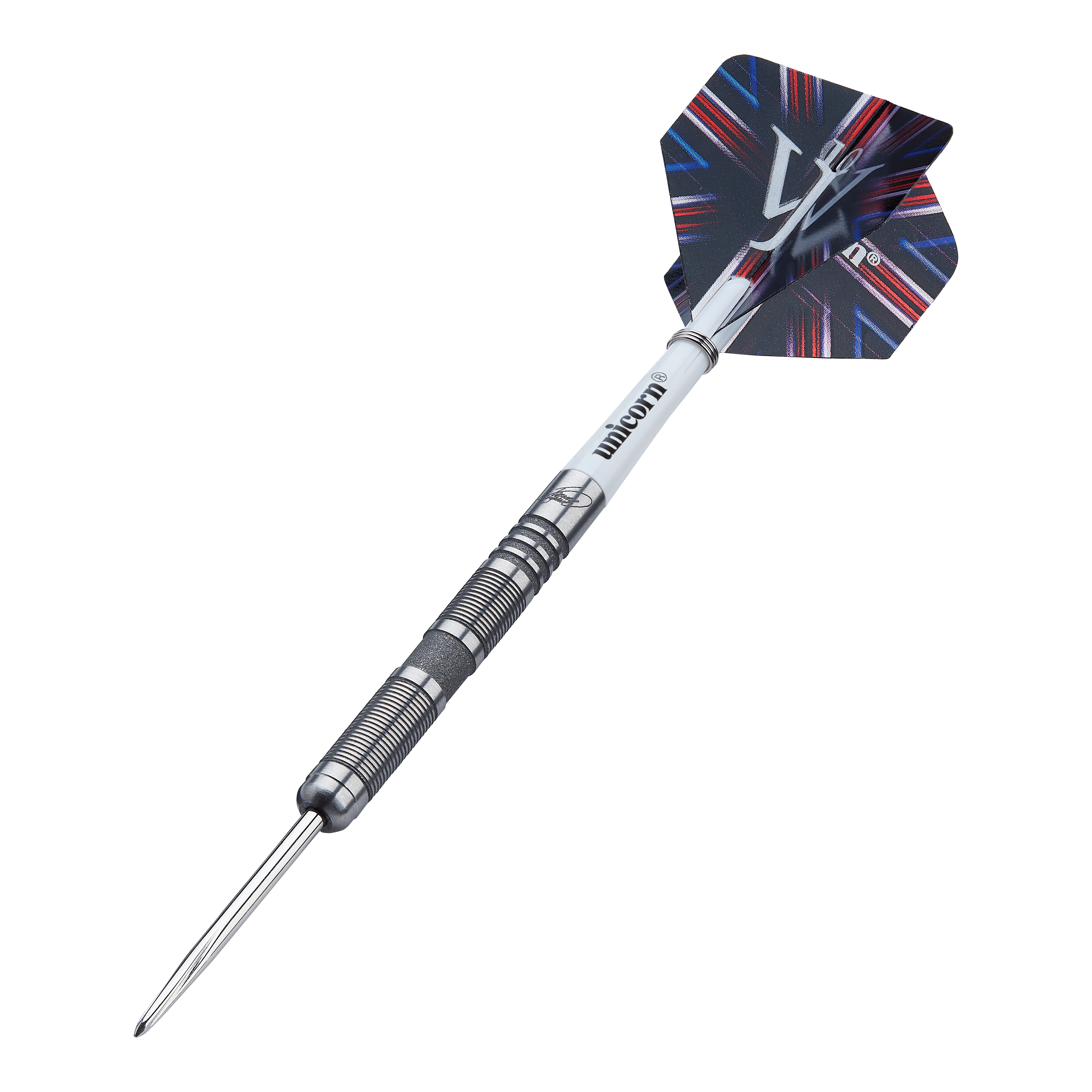 Unicorn James Wade The Machine Range Phase 4 Steeldarts Auf dem Bild ist ein Steeldart der Marke Unicorn aus der James Wade The Machine Range Phase 4 zu sehen. Der Dart hat ein silbernes, geriffeltes Barrel und einen schwarz-blauen Flight mit auffälligem Muster.