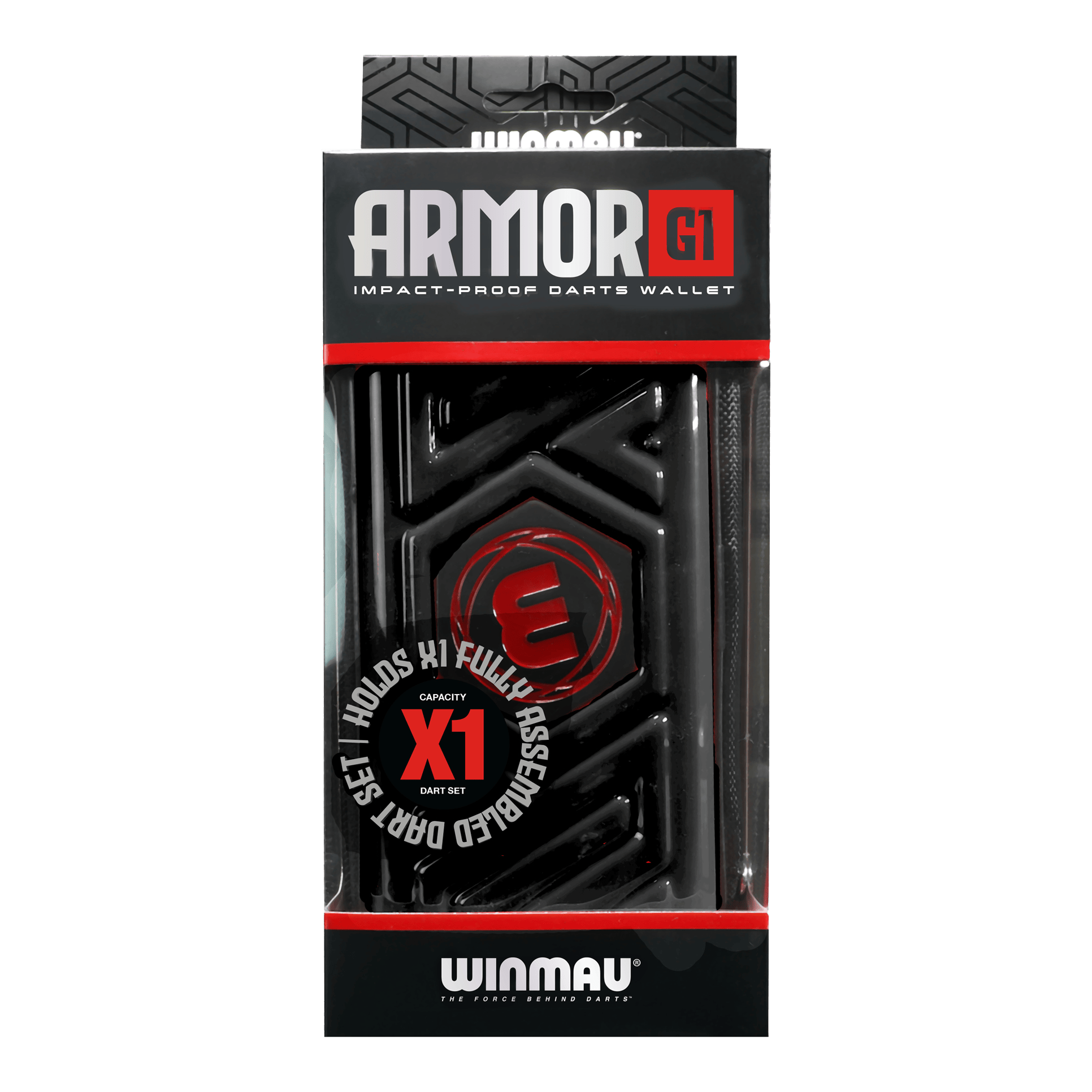 Winmau Armor G1 Dart Wallet Das Bild zeigt eine schwarze Darttasche von Winmau mit dem Namen "Armor G1". Die Verpackung betont, dass sie stoßfest ist und ein vollständig montiertes Dart-Set aufnehmen kann.