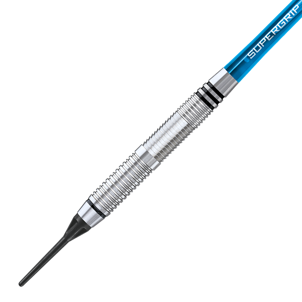 HA13968-B_Harrows_Blaze_Style_B_Softdarts_2 Das Bild zeigt einen Harrows Blaze Style B Softdart mit einem Gewicht von 18g. Der Dart hat ein silbernes, geriffeltes Barrel und ein blaues Schaftstück mit der Aufschrift „Supergrip“.