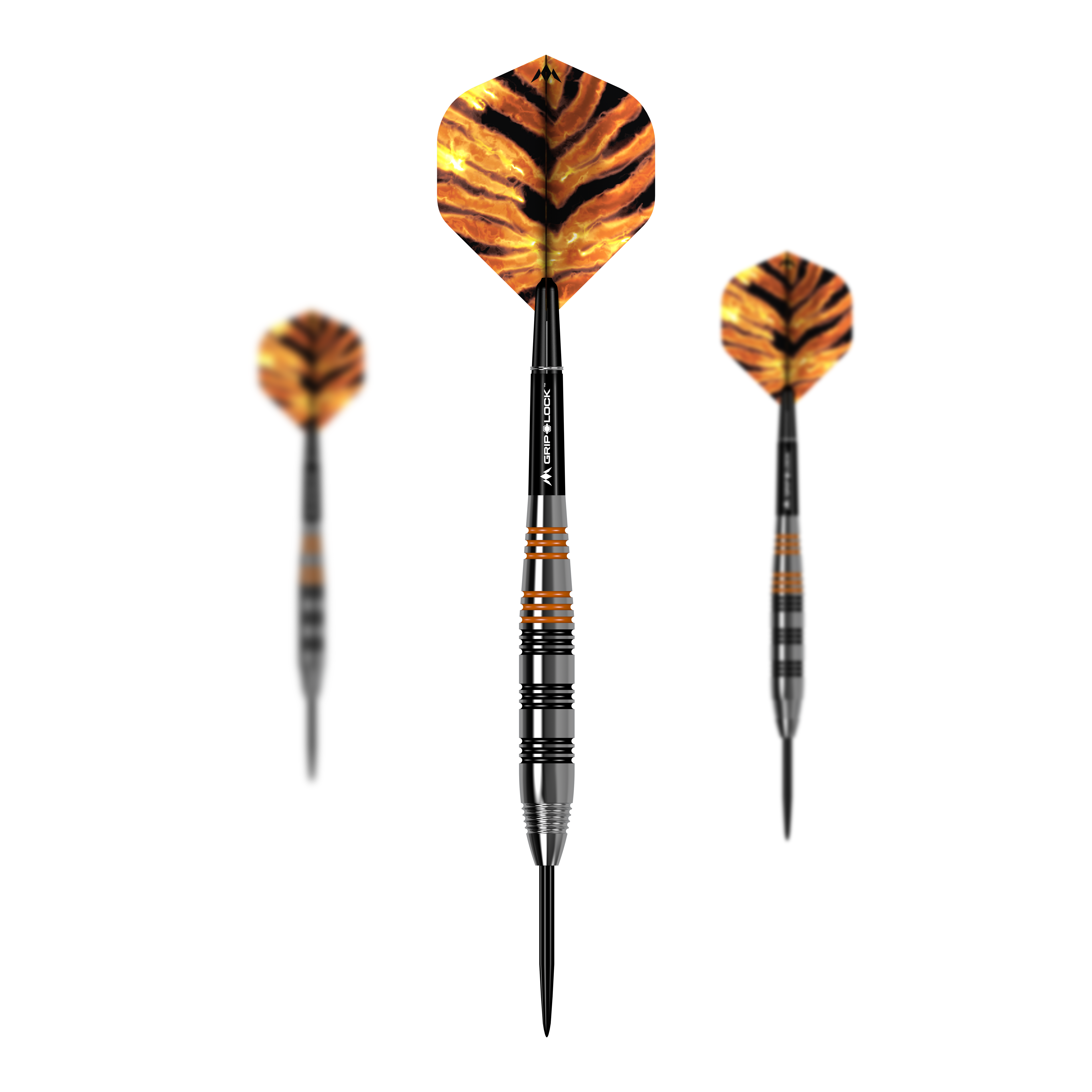 Mission Javan Brass Steel Darts - 22g Das Bild zeigt drei Steeldarts des Modells "Mission Javan Brass Steeldarts - 22g". Die Flights haben ein auffälliges, orange-schwarzes Muster, das an Tigerstreifen erinnert.