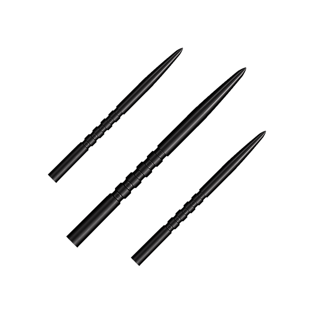 Shot Grip Point steel dart tips - Black Auf dem Bild sind drei schwarze Steeldartspitzen zu sehen. Sie haben eine geriffelte Griffzone und eine spitze Form.