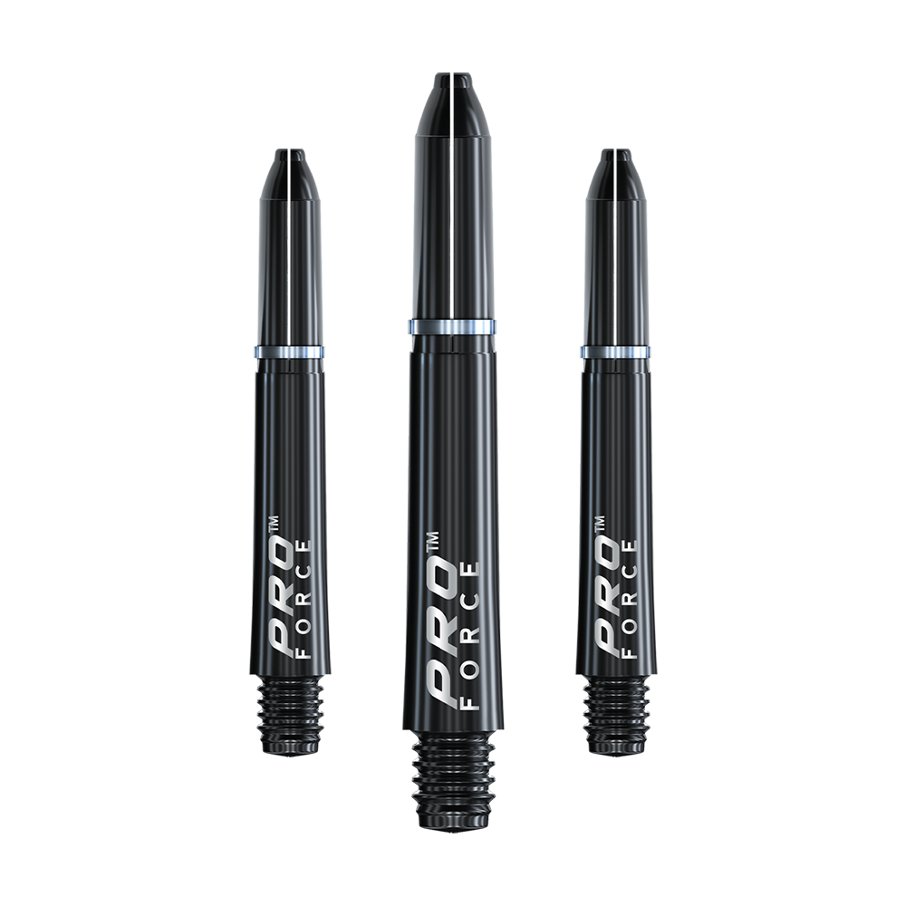 7011_101_Winmau_Pro-Force_Shafts_Schwarz_35mm_1X6BcI0vwD5EeC Das Bild zeigt drei schwarze Winmau Pro-Force Shafts für Darts. Auf den Shafts steht der Schriftzug "PRO FORCE" in weißer Farbe.
