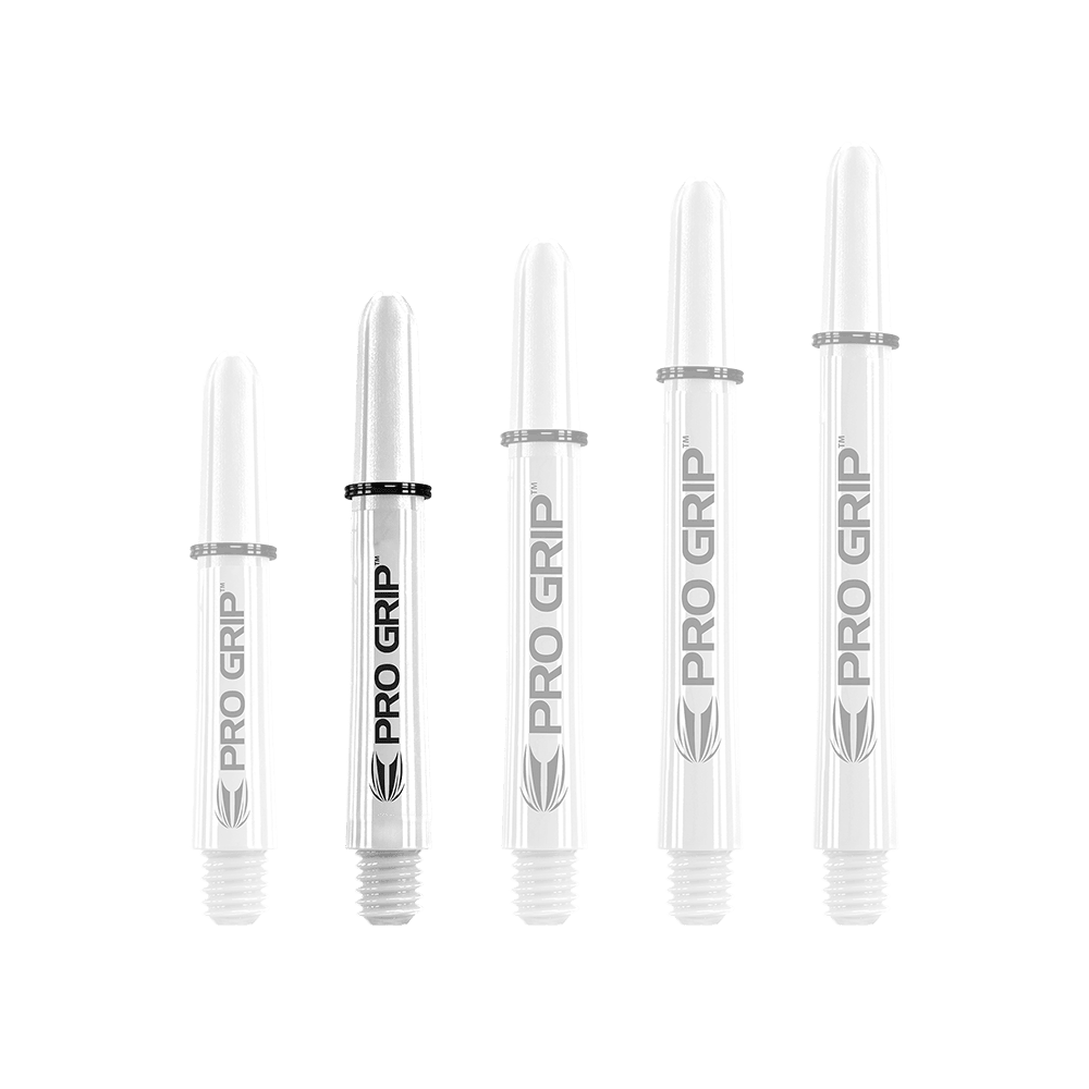 Target Pro Grip Shafts - 3 Sets - White Auf dem Bild sind fünf weiße Dart-Schäfte in verschiedenen Längen zu sehen. Sie tragen alle die Aufschrift "PRO GRIP".