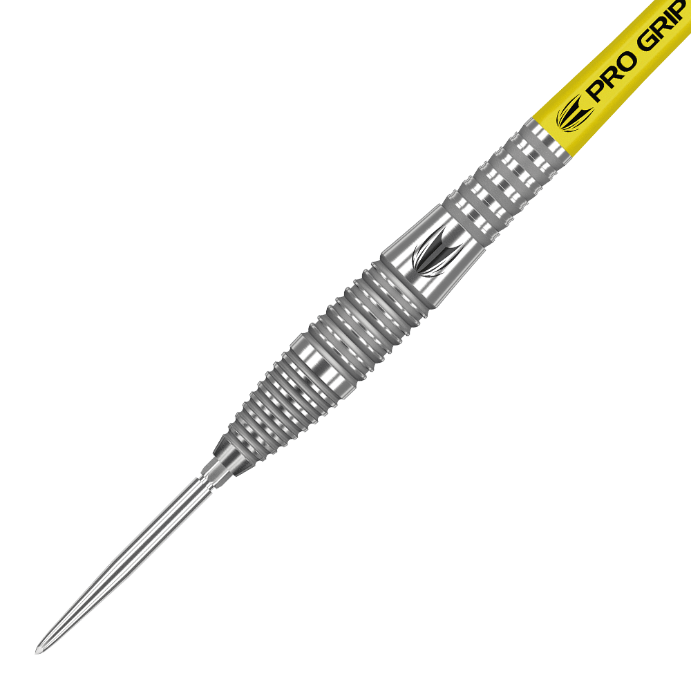 Das Bild zeigt den Target Bolide 05 Swiss Point Steeldart. Der Dartpfeil hat einen silbernen, geriffelten Schaft und einen gelben "Pro Grip"-Schaftaufsatz.