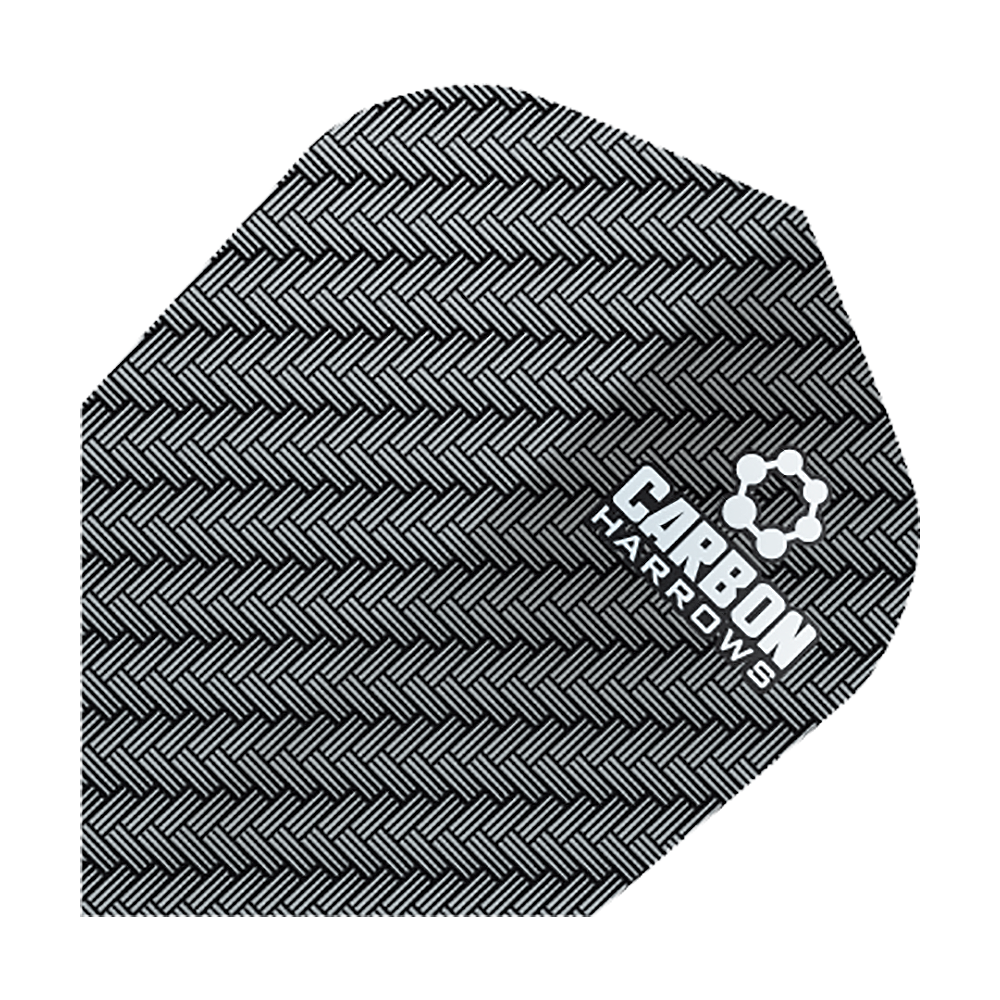 HR51_Harows_Carbon_No6_Flights_Grau_1 Das Bild zeigt das Produkt "Harrows Carbon Flights HR51". Es hat ein schwarz-graues Karbonmuster mit weißem Logoaufdruck.