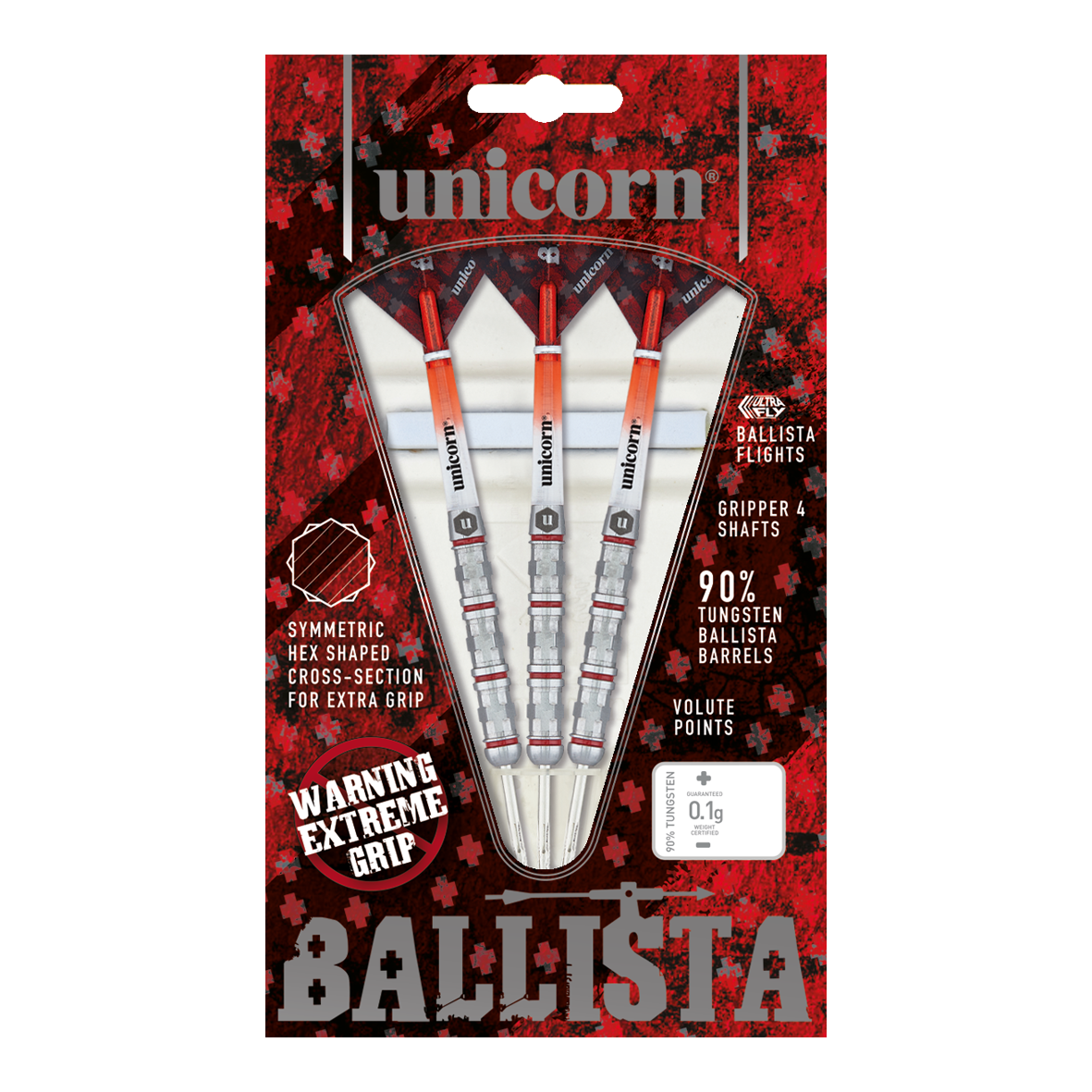 Unicorn Ballista Style 4 steel darts Auf dem Bild ist das Produkt "Unicorn Ballista Style 4 Steeldarts" zu sehen. Die Verpackung zeigt drei Steeldarts mit auffälligem Design und betont ihre hohe Griffigkeit und den 90%igen Wolframanteil.