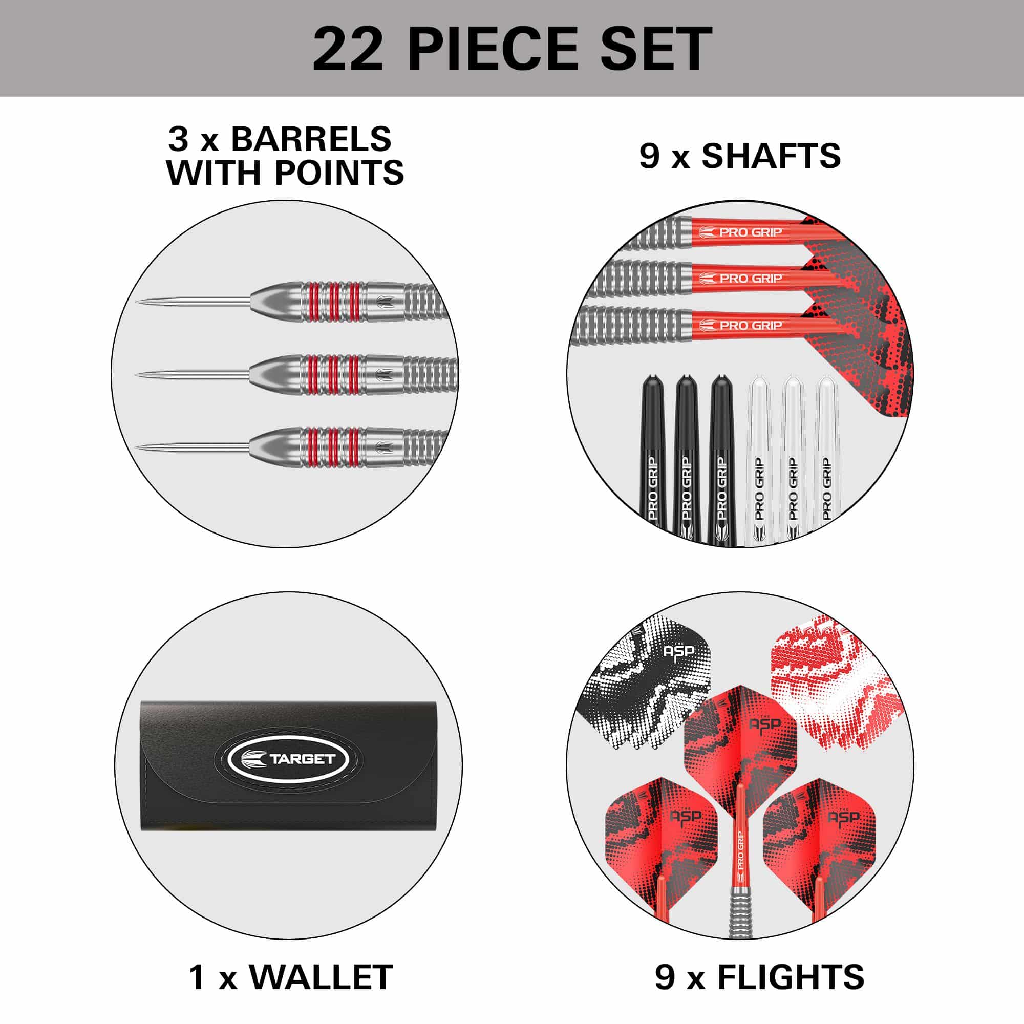 Gezeigt werden die Target Nathan Aspinall Brass Steeldarts mit einem Gewicht von 22g. Sie sind für Steeldart-Wettbewerbe gedacht.