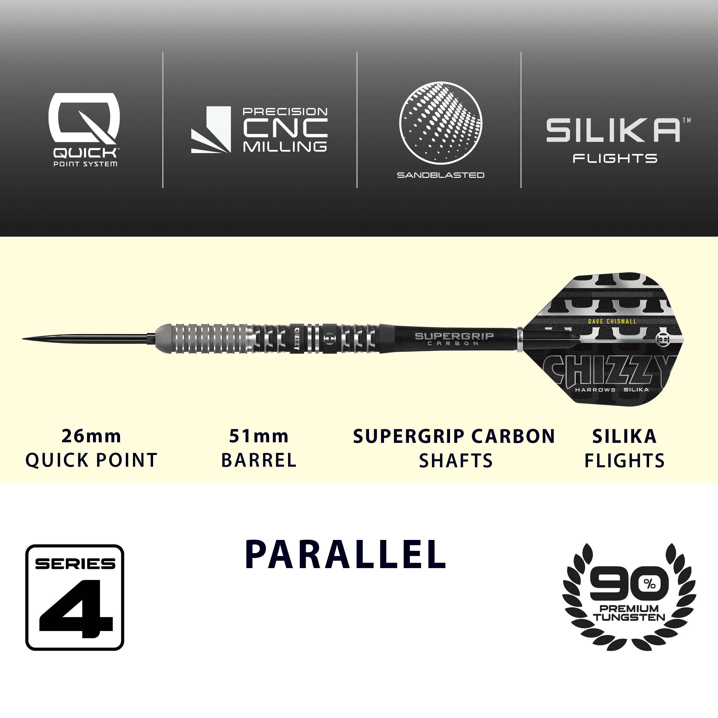 Das Bild zeigt die Harrows Dave Chisnall Chizzy Series 4 Quick Point Steeldarts. Die Darts sind professionell und bekannt für ihre hohe Qualität.
