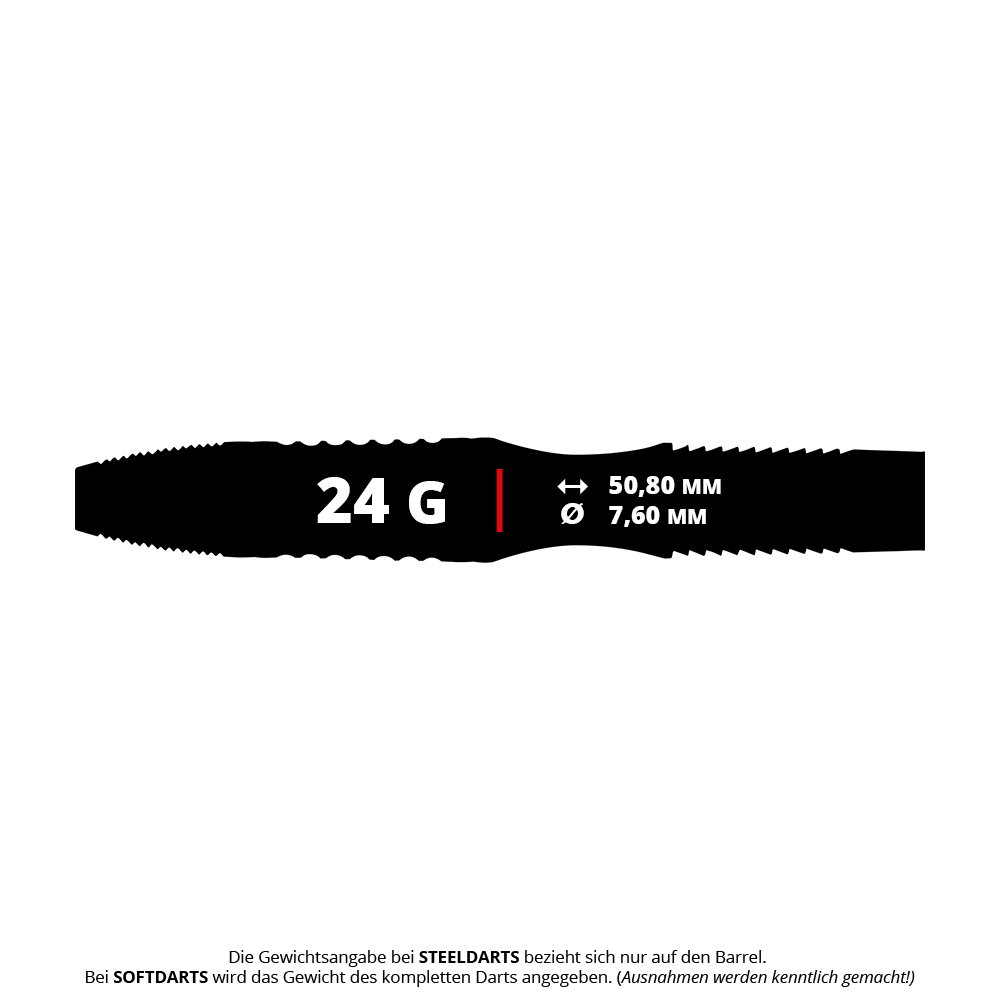 Das Bild zeigt die Produktinformationen zu den Winmau Rashad Sweeting Steeldarts mit einem Gewicht von 24 Gramm. Die Länge des Barrels beträgt 50,80 mm und der Durchmesser 7,60 mm.