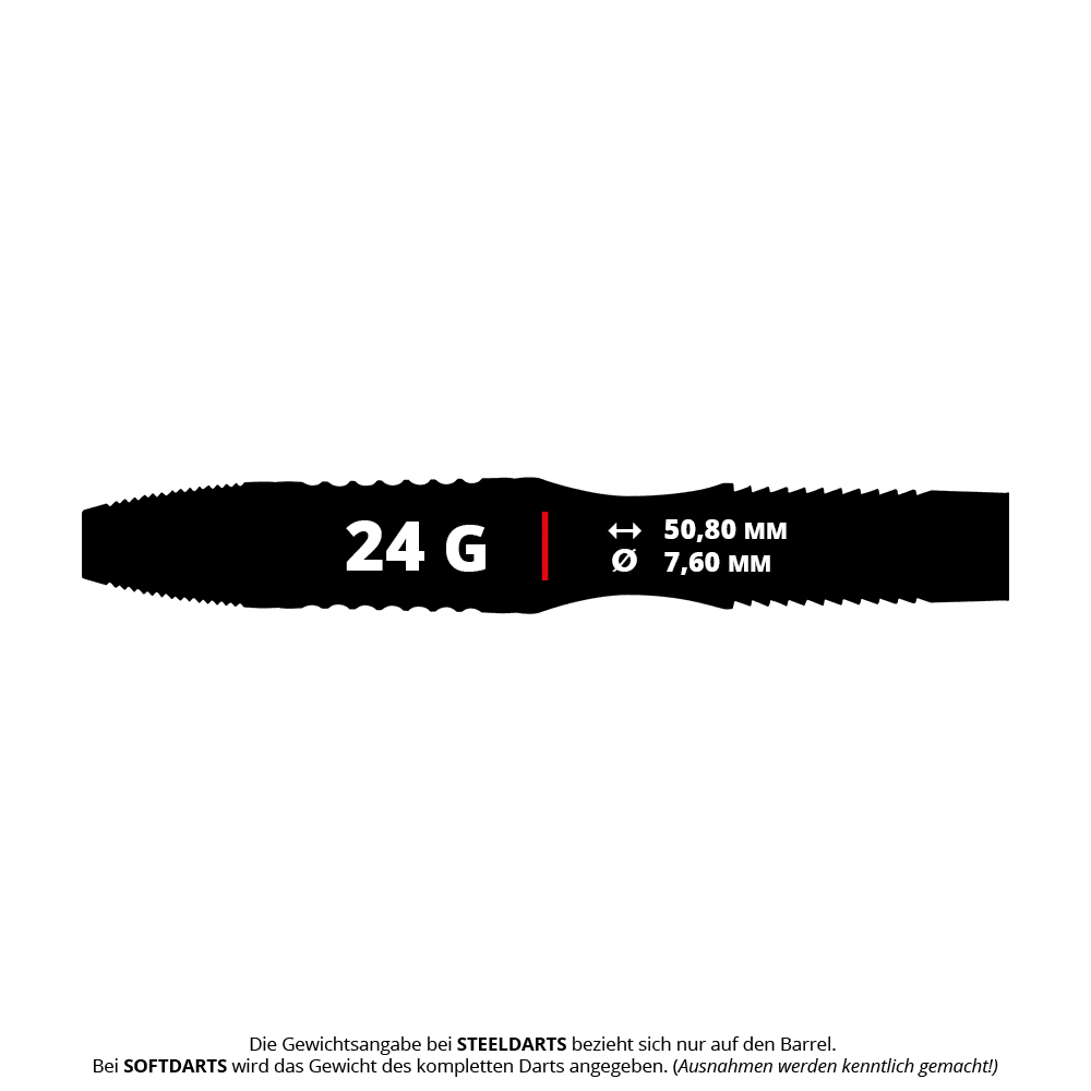 Winmau Rashad Sweeting Steeldarts - 24g Das Bild zeigt die Produktinformationen zu den Winmau Rashad Sweeting Steeldarts mit einem Gewicht von 24 Gramm. Die Länge des Barrels beträgt 50,80 mm und der Durchmesser 7,60 mm.