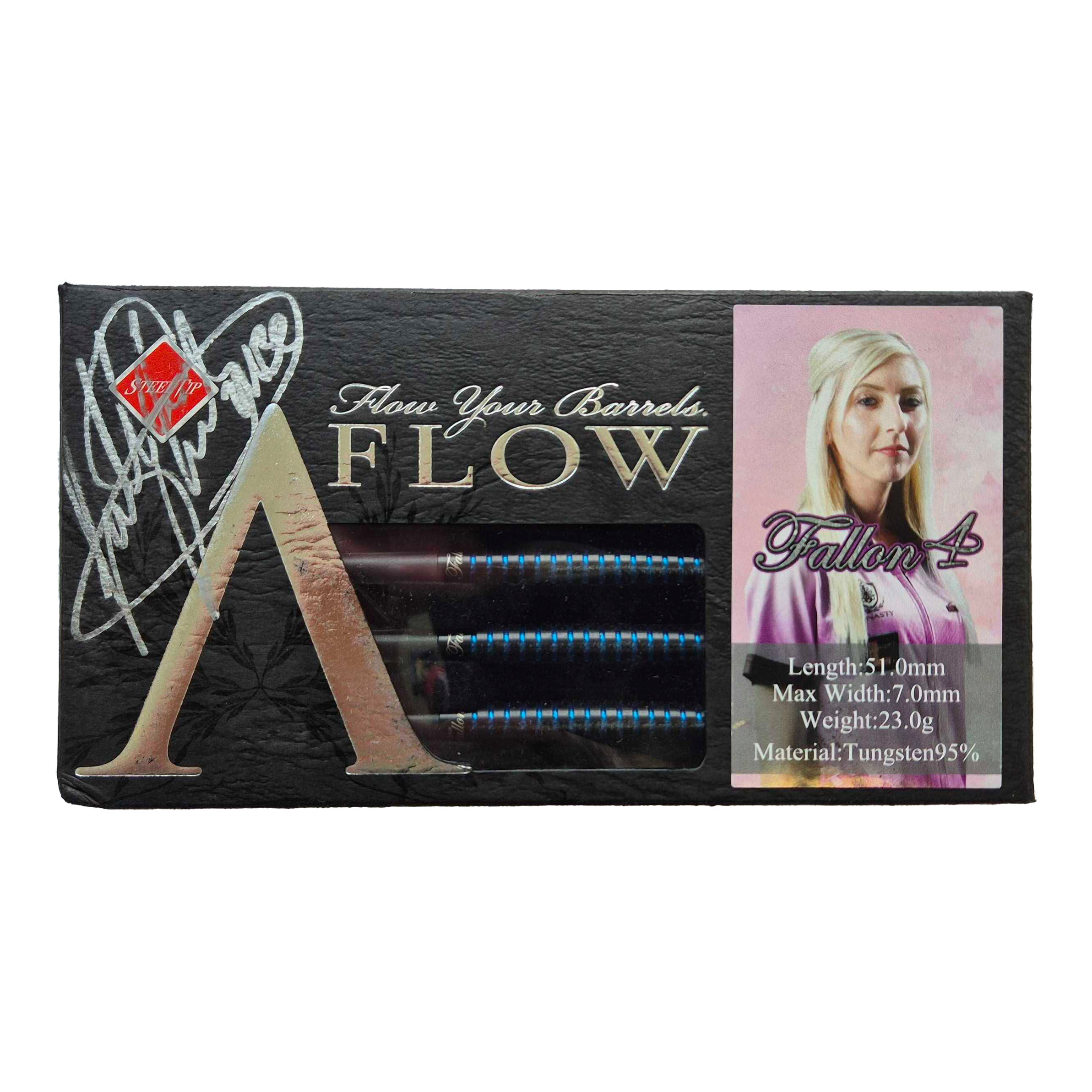 Das Bild zeigt eine Packung Dynasty Fallon Sherrock 4 AFlow BK Steeldarts mit einer Unterschrift. Auf der Verpackung ist auch ein Foto von Fallon Sherrock sowie die technischen Daten der Darts abgebildet.