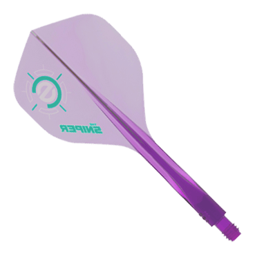 Das Bild zeigt ein Condor Axe 120 Connor Scutt Sniper Clear Purple Flight-System in Standardform. Das Produkt ist überwiegend durchsichtig-lila und hat grüne Akzente sowie den Schriftzug "SNIPER" auf dem Flight.