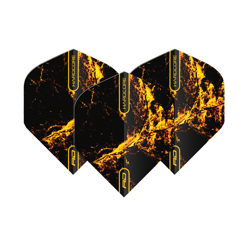TF6634_Red_Dragon_Hardcore_Radical_Golden_Strike_Standard_Flights_1Doua8YrF3w1gj Das Bild zeigt drei Dartflights mit der Aufschrift "HARDCORE" und einem auffälligen schwarzen und goldenen Flammenmuster. Es handelt sich um das Produkt "Red Dragon Hardcore Radical Golden Strike Standard Flights".