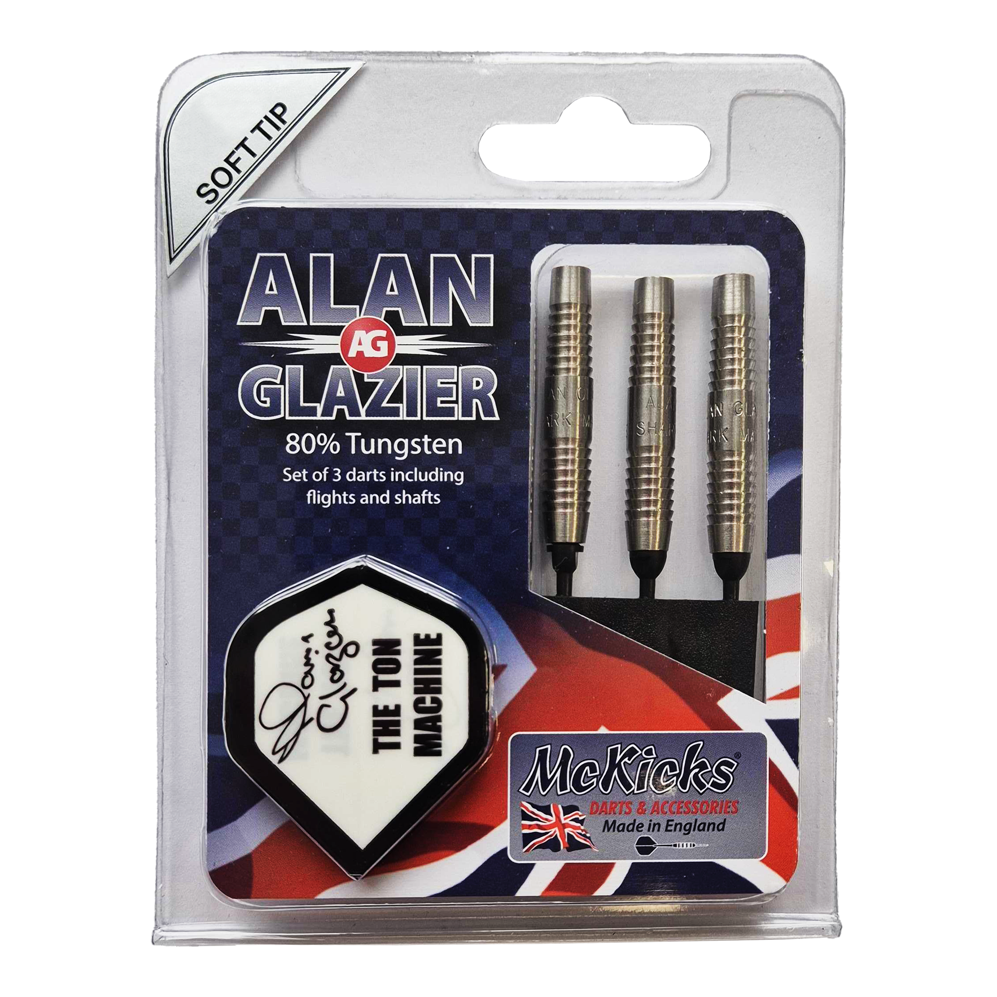 McKicks Alam Glazier Shark Machine Soft Darts Das Bild zeigt eine Verpackung mit drei Softdarts der Marke "McKicks Alan Glazier Shark Machine". Die Darts bestehen zu 80% aus Tungsten und werden inklusive Flights und Shafts geliefert.