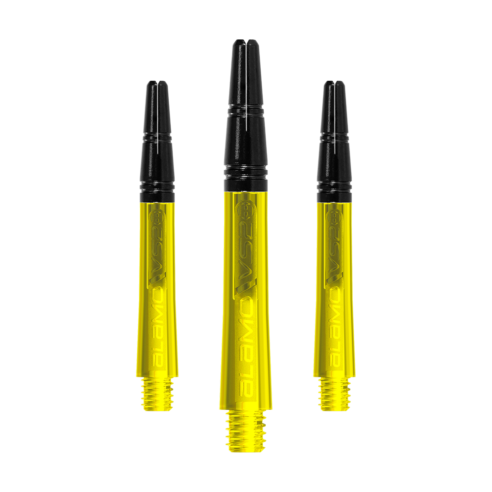 Harrow's Alamo VS2 Shafts - Yellow Das Bild zeigt drei gelbe Dartschäfte mit schwarzen Spitzen. Die Schäfte sind mit „Alamo VS2“ beschriftet und stehen aufrecht nebeneinander.