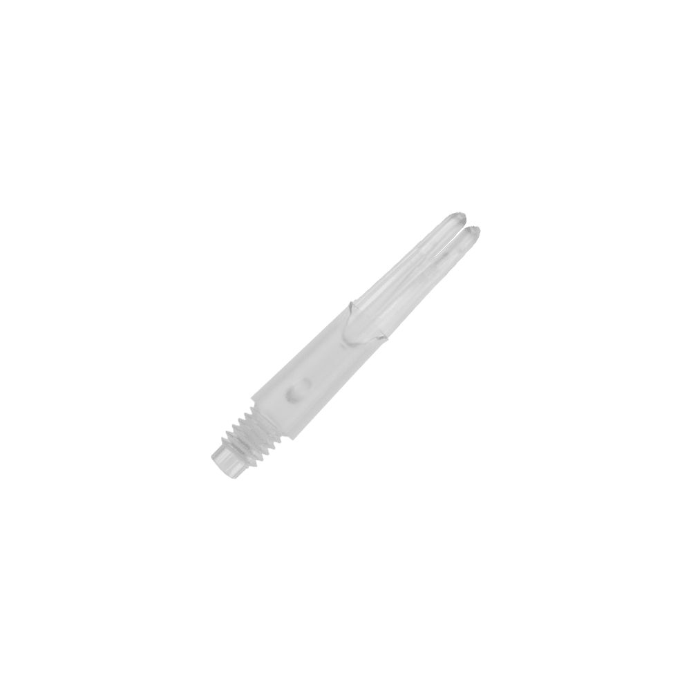 L-L-Style-Shafts Locked Straight - Clear Das Bild zeigt einen transparenten, geraden Dart-Schaft aus Kunststoff. Er hat ein Schraubgewinde an einem Ende und ist 26 mm lang.