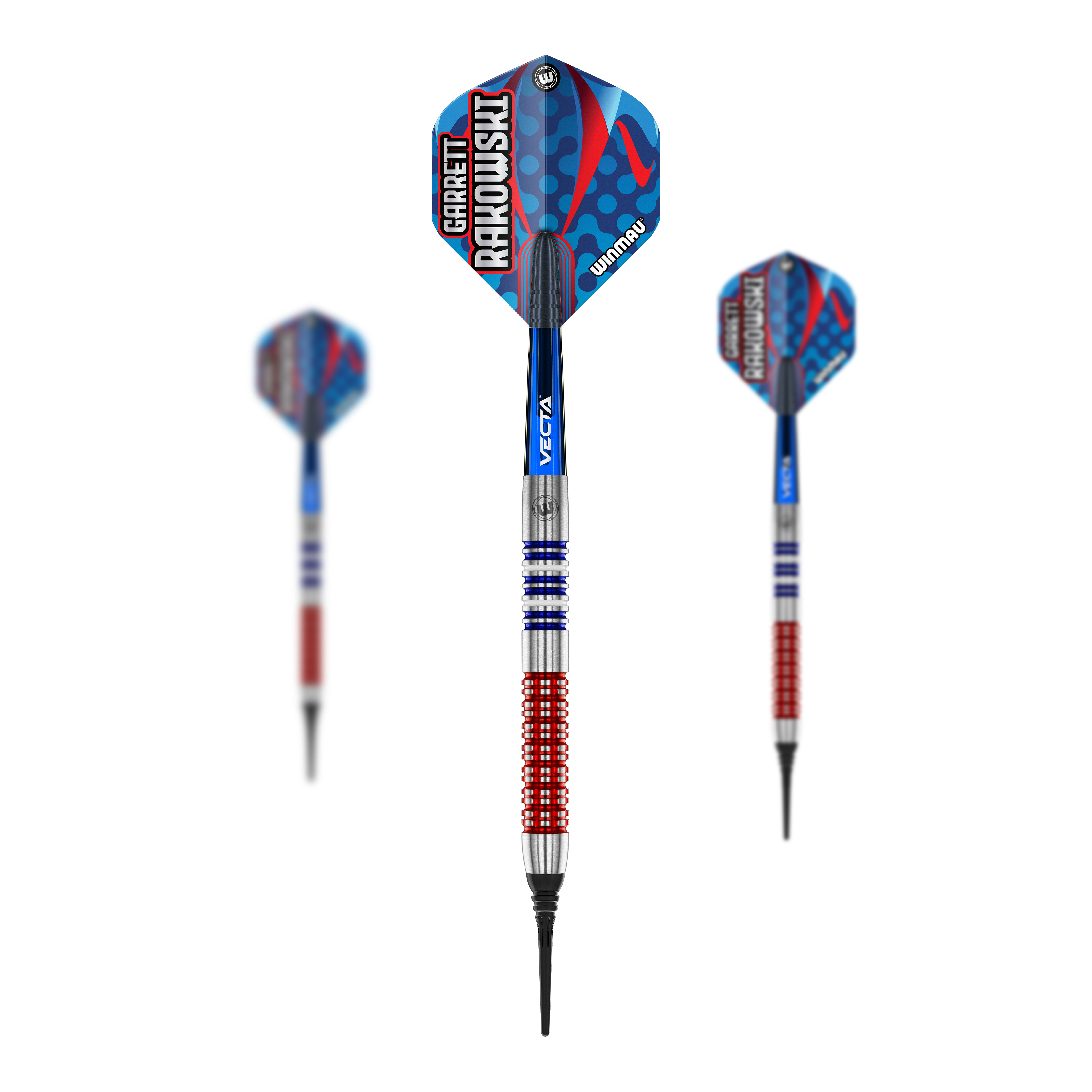 Winmau Garrett Rakowski soft darts - 20g Das Bild zeigt drei Softdarts des Modells "Winmau Garrett Rakowski Softdarts - 20g". Die Darts haben ein auffälliges Design in Blau, Rot und Silber mit der Aufschrift "Garrett Rakowski" auf den Flights.
